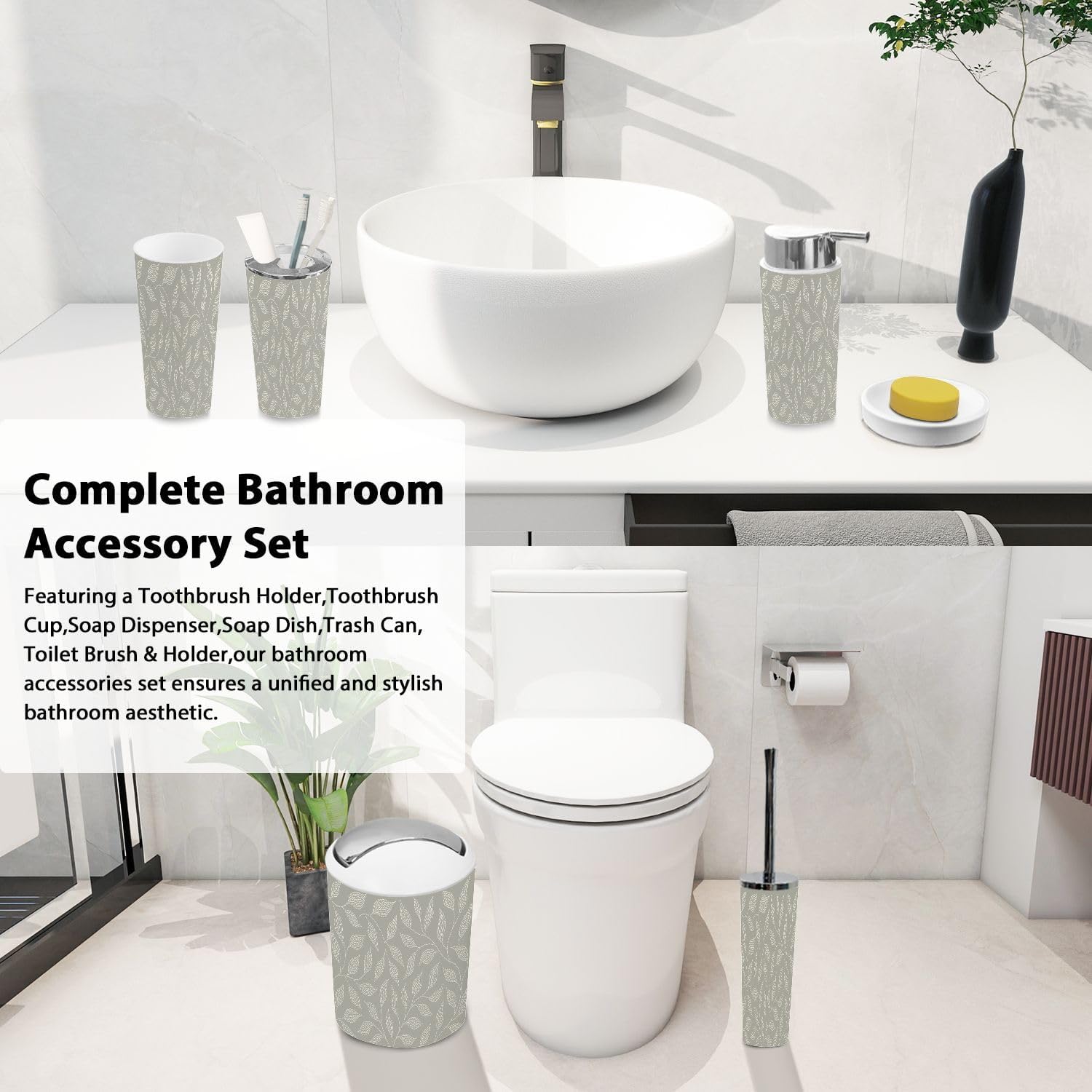 Boho Floral Trash Can Set 6 Piece Bathroom Accessories