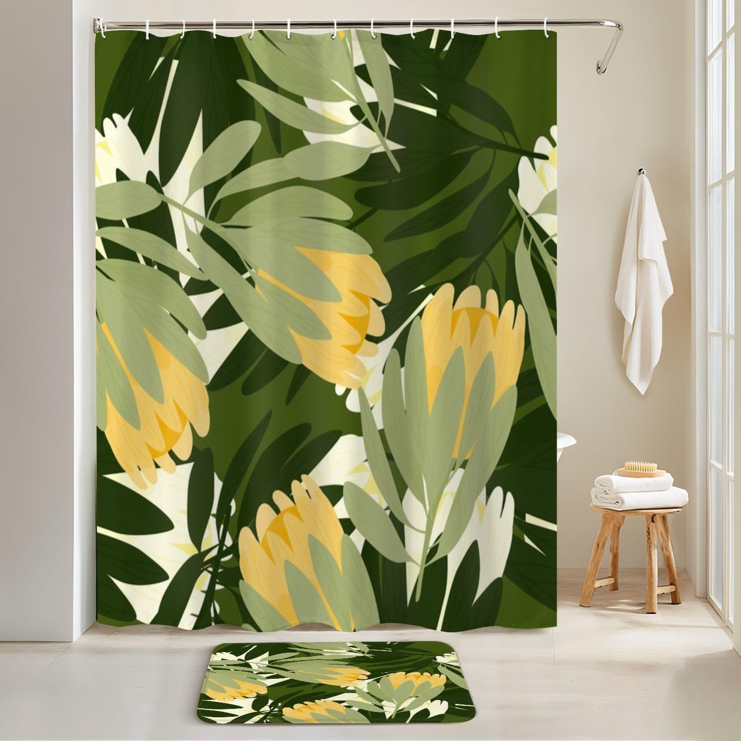 4 Piece Botanic Floral Shower Curtain Set with Rugs