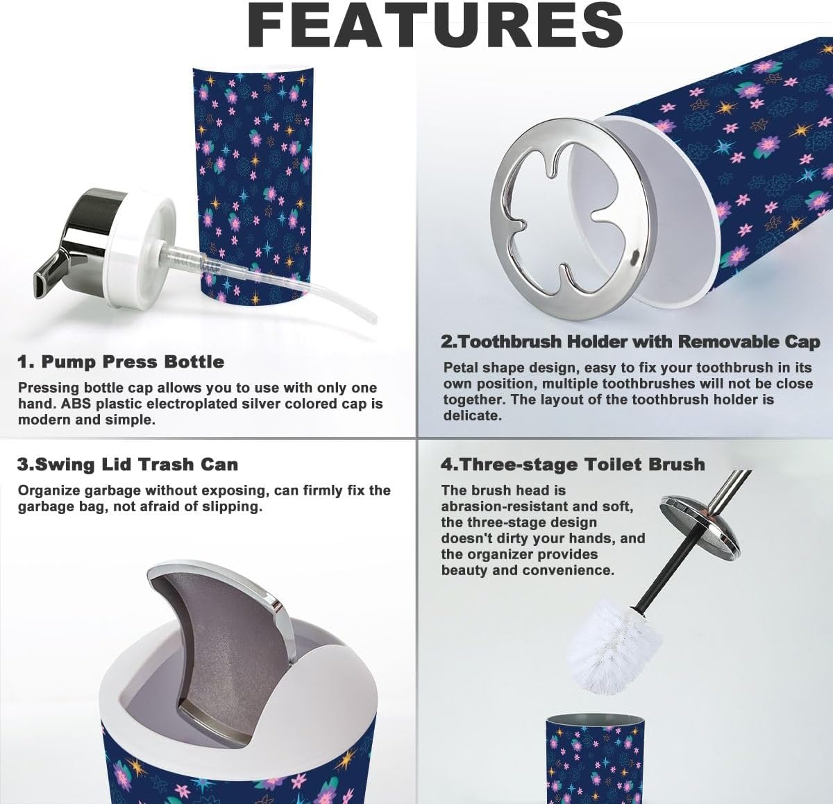 Bathroom Accessories Set 6 Pcs Navy Seamless Print