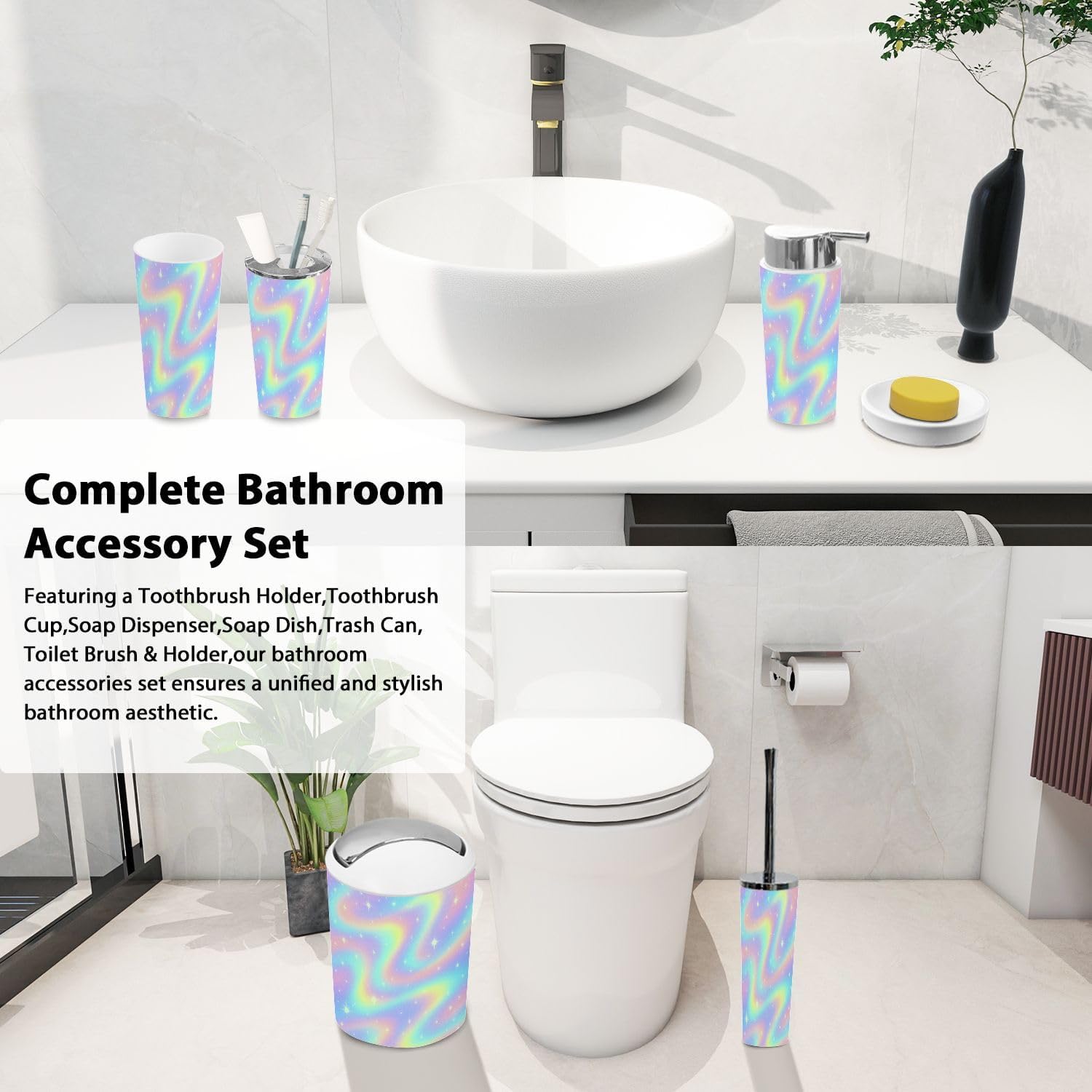 Boho Dreamy Rainbow Bathroom Accessory Set of 6