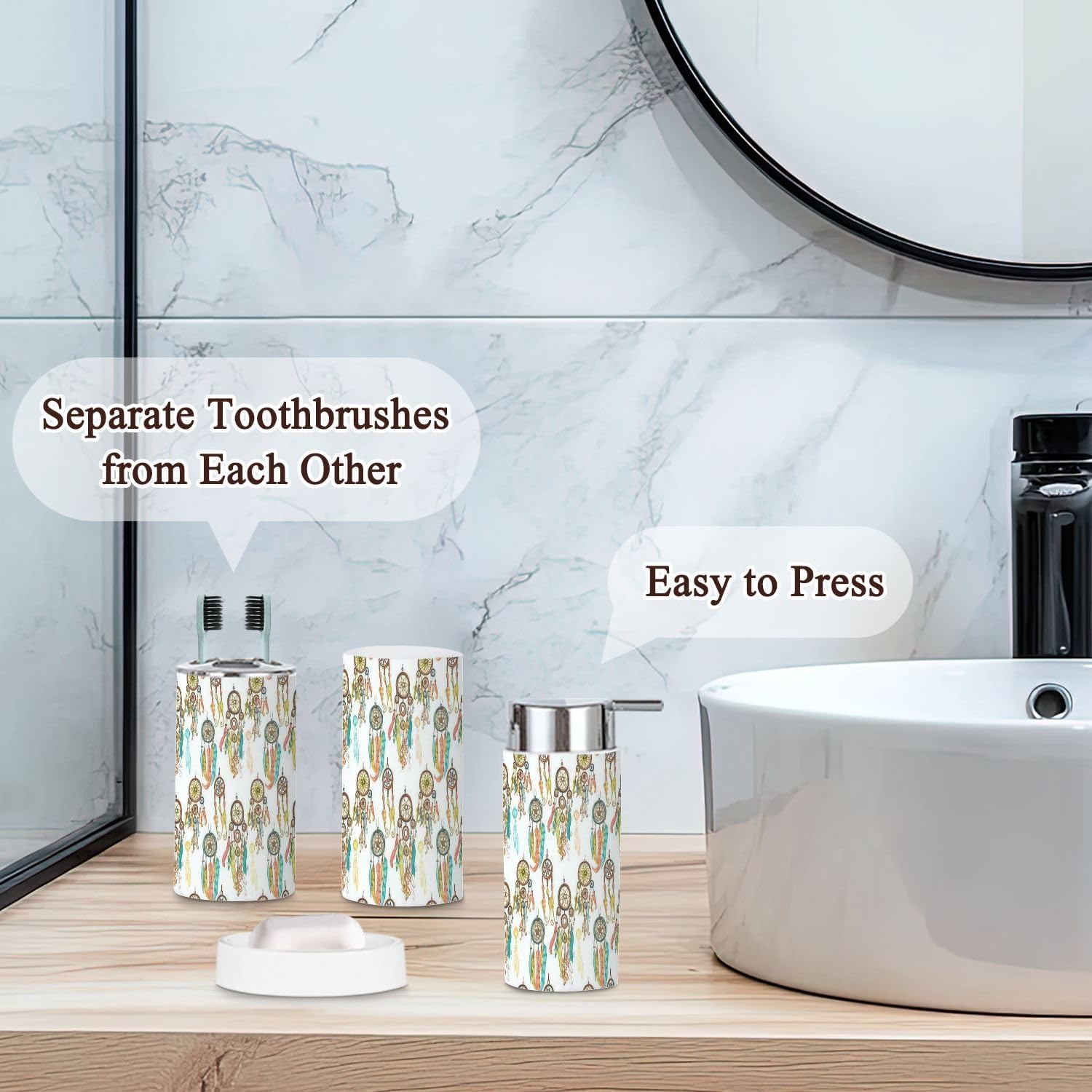 Bathroom Accessories Set 6 Pcs White Dream Catchers Toothbrush Holder