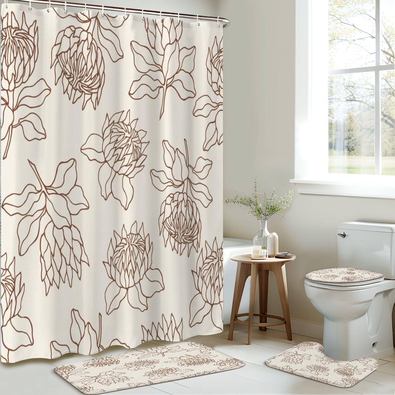 4 Piece Shower Curtain Set with Non-Slip Rugs and Mats