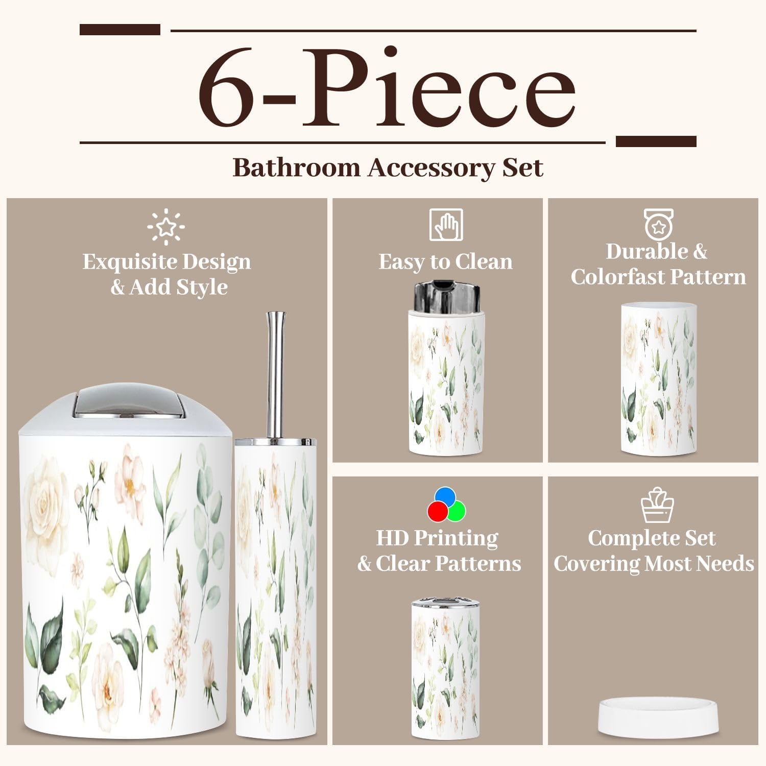 6 Piece Watercolour Floral Bathroom Accessories Set 1