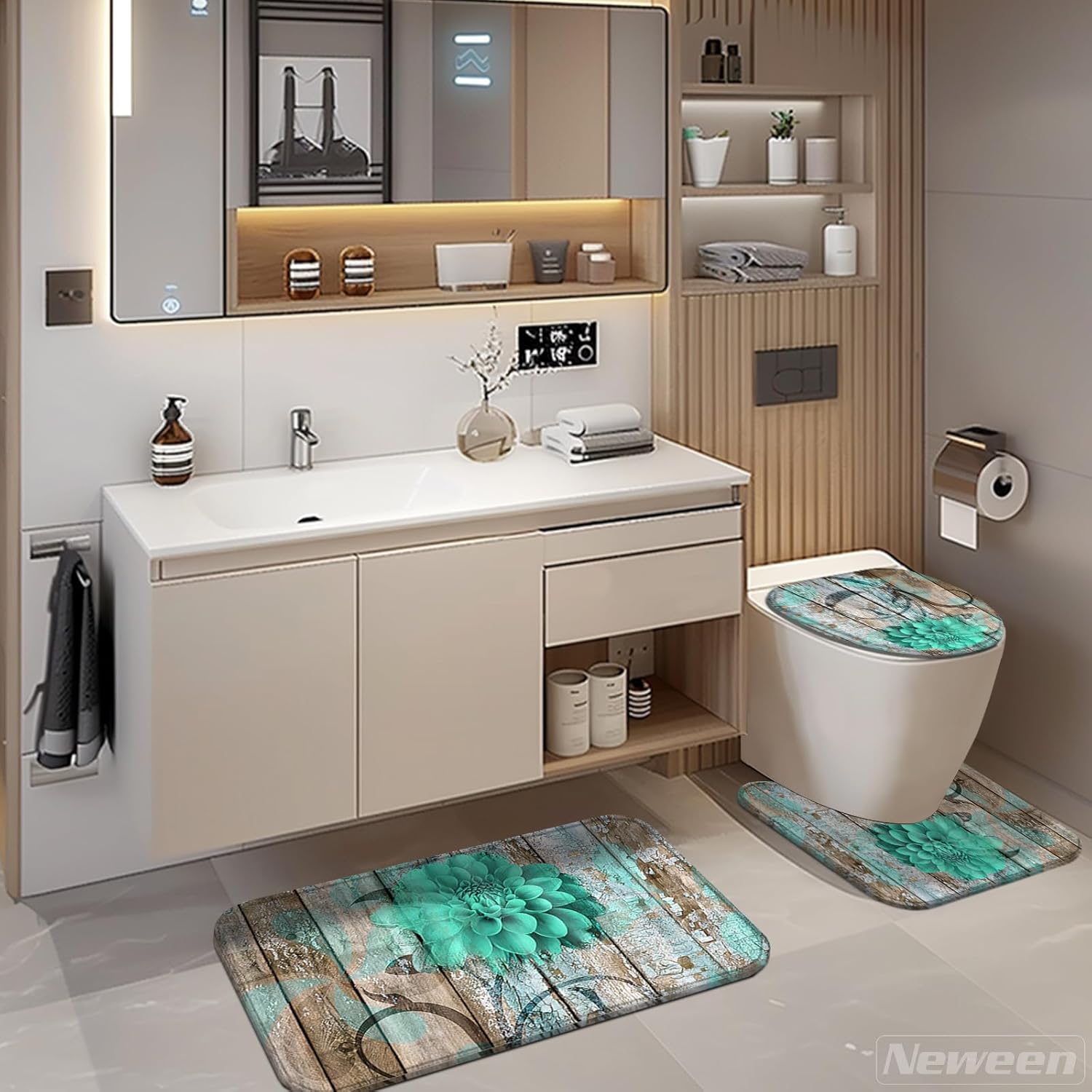 Neween 4 Pcs Green Flower Bathroom Set