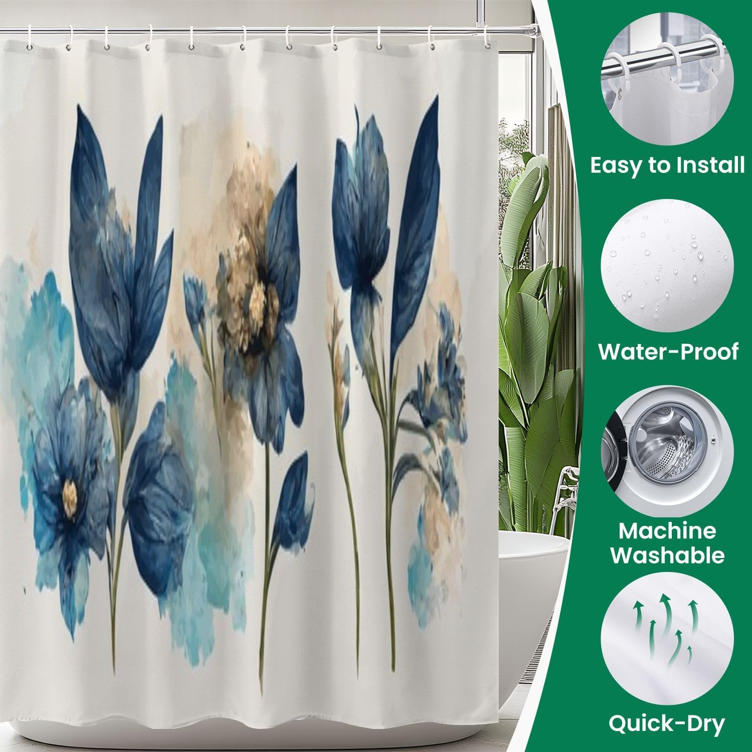 4 Piece Shower Curtain Set with Blue Flowers Design