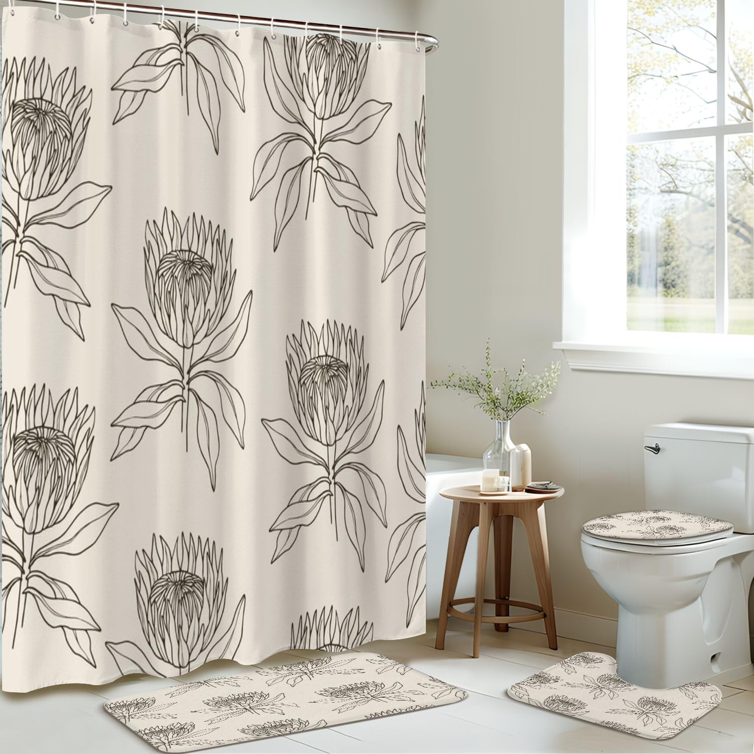 JCOOKLOFTS 4-Piece Shower Curtain Set with Mats