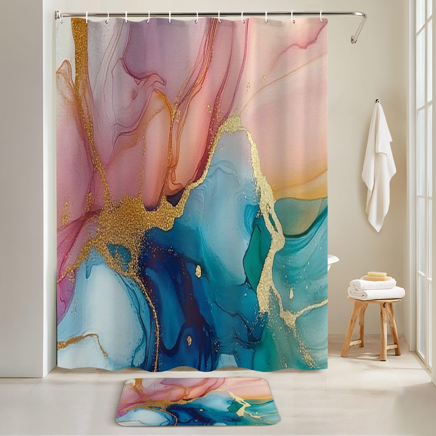 4 Piece Shower Curtain Set with Non-Slip Mats