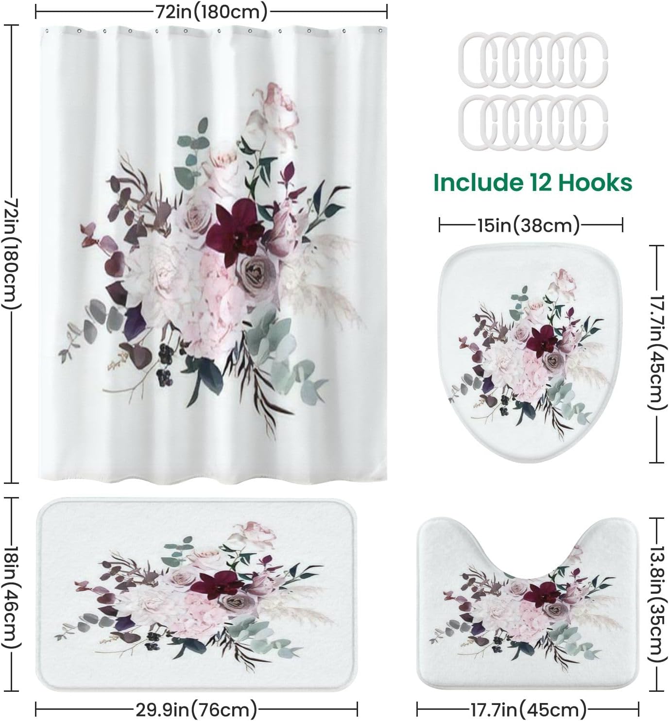 4 Pieces Dusty Pink Shower Curtain Set with Non-Slip Rugs