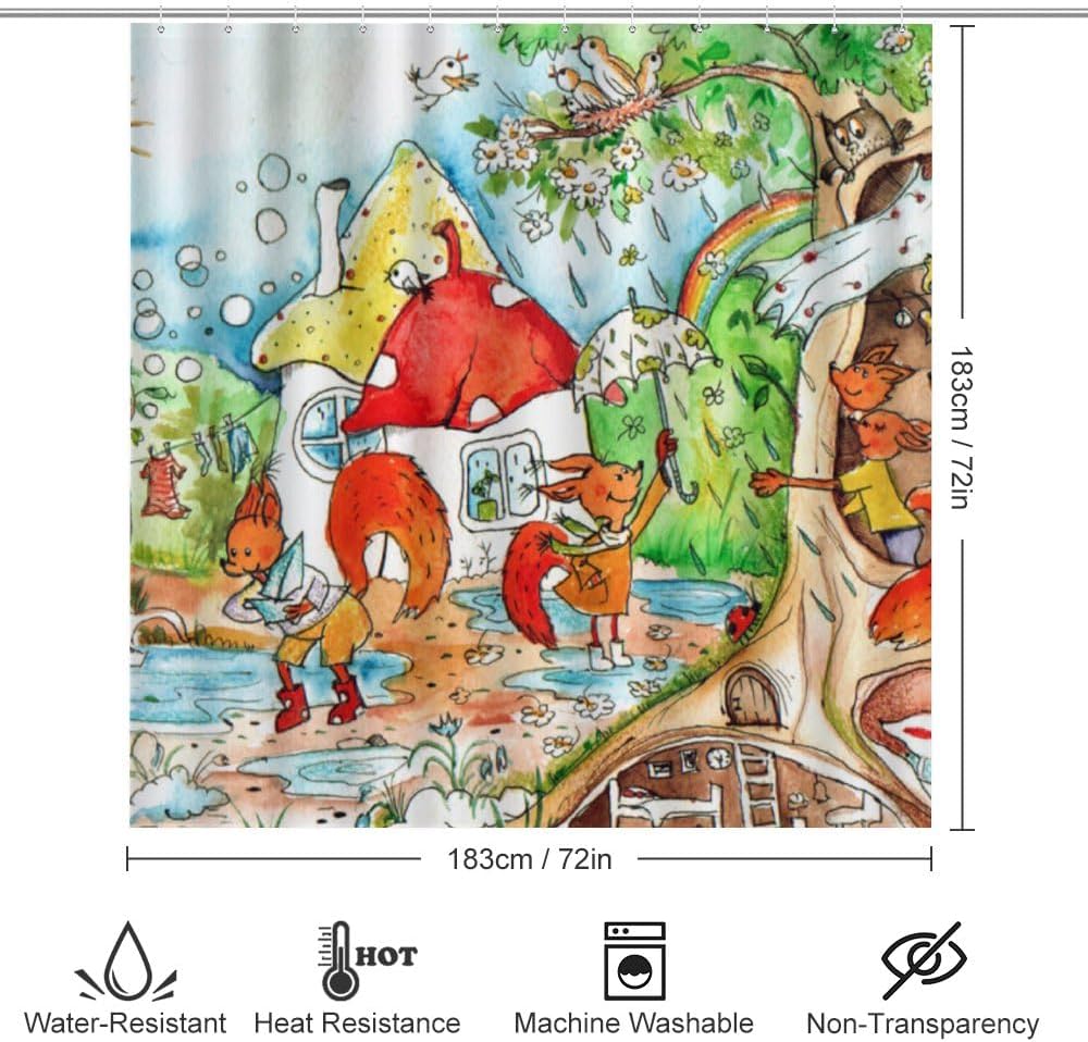 Kuizee Forest Animals Shower Curtain Set with 4 Bath Rugs