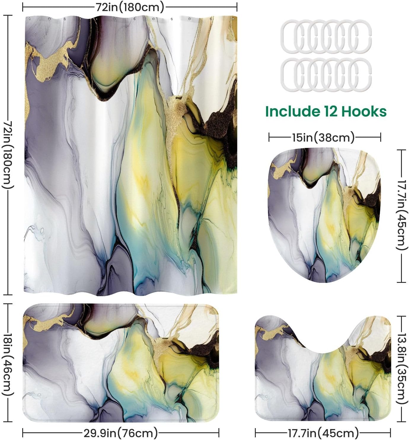 4 Piece Shower Curtain Set with Rugs Mats and HD Pattern