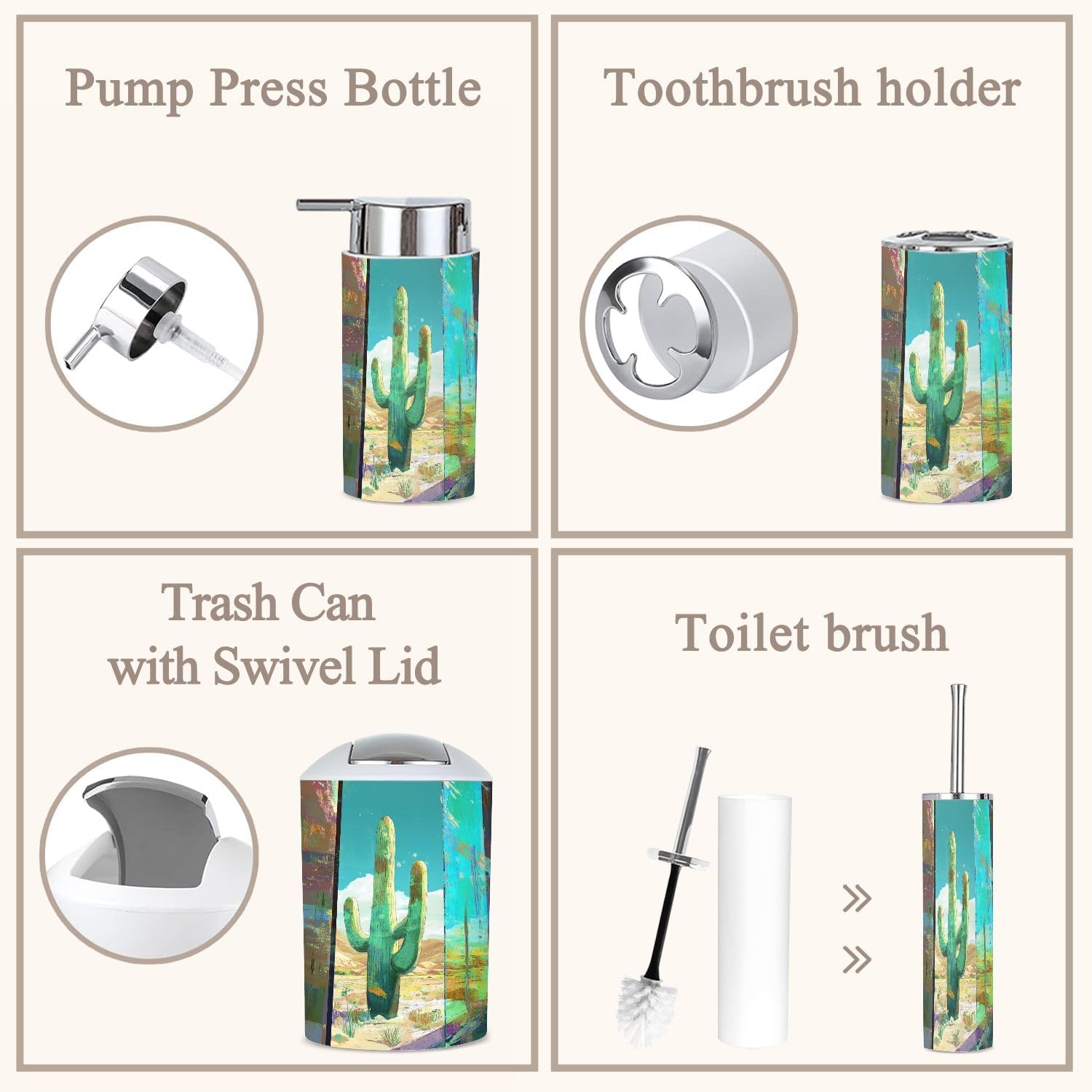 6-Piece Boho Bathroom Accessories Set with Cactus Design