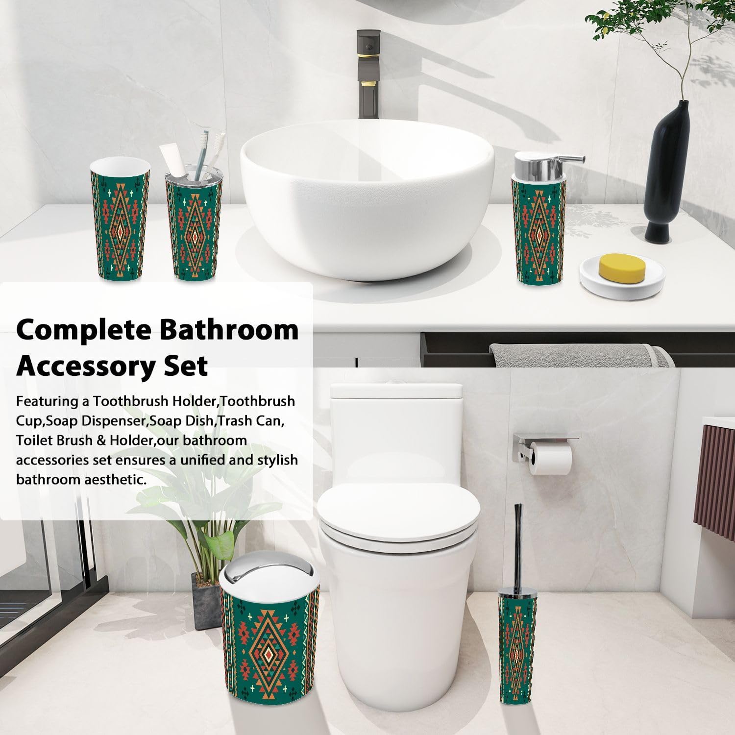 Boho Bathroom Accessory Set 6 Piece Modern Navajo Design