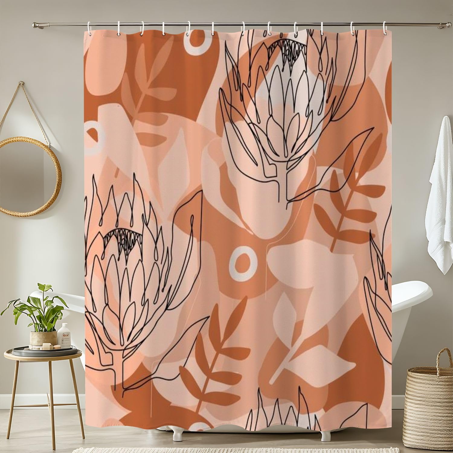 4 Piece Shower Curtain Set with Rugs and Mats Terracotta Pattern