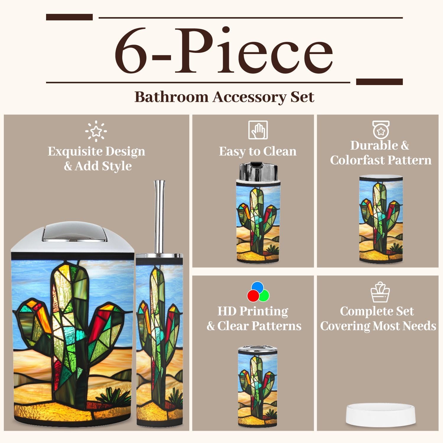 6 Piece Bathroom Accessories Set Stained Glass Cactus Decor