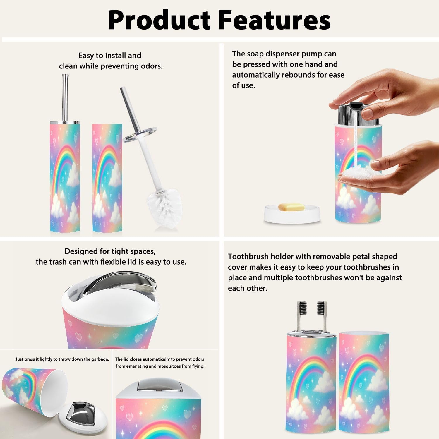 Boho Holographic Rainbow Trash Can and Accessories Set