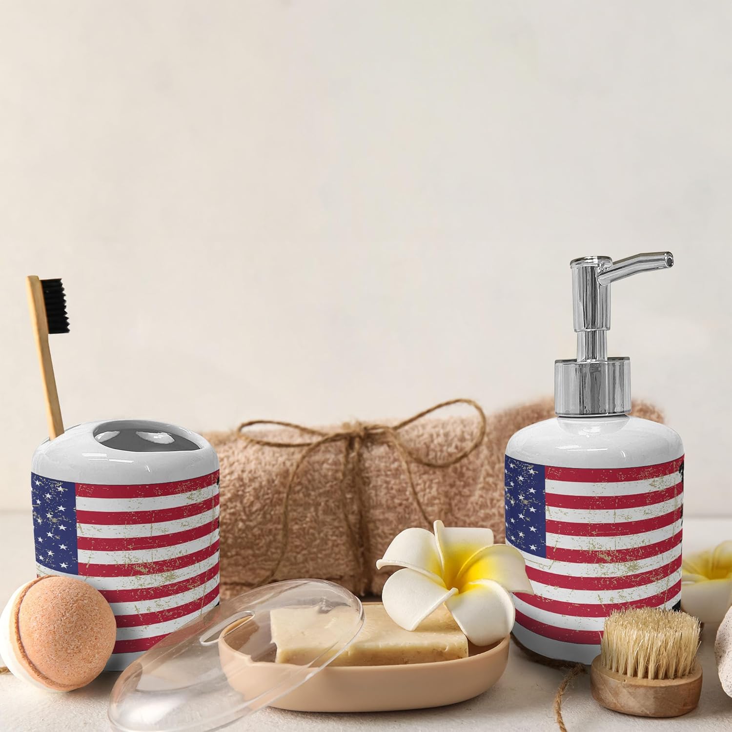 Ambesonne Ceramic Soap Dispenser Toothbrush Holder Set Dark Coral White