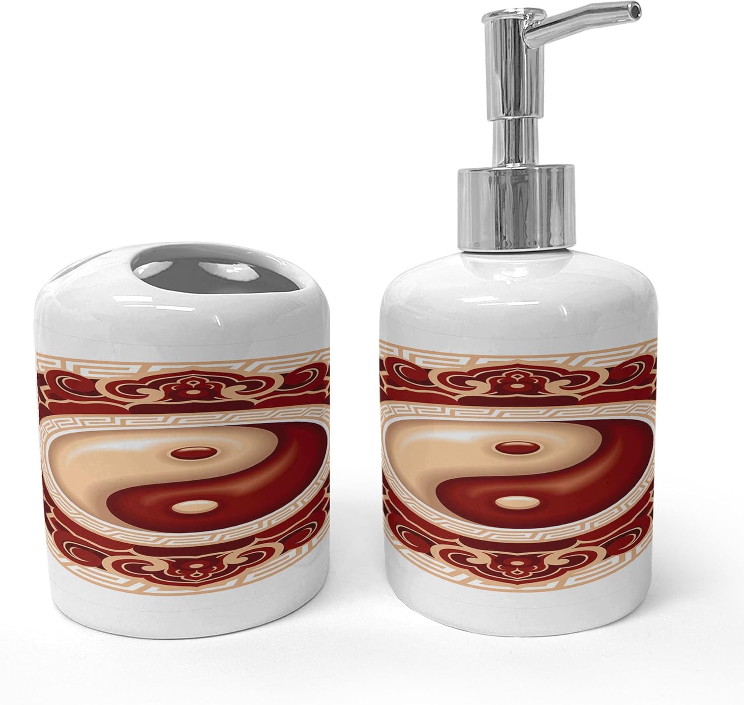 Ambesonne Ying Yang Soap Toothbrush Holder Set 2 Pcs Maroon Cream White