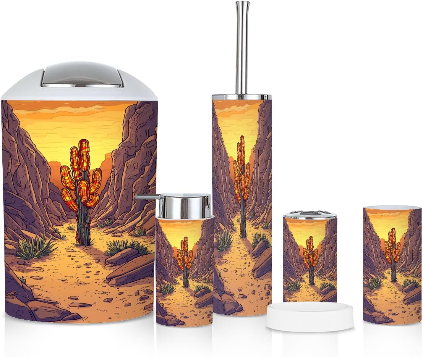 6 Piece Boho Bathroom Accessories Set with Cactus Stained Glass Design