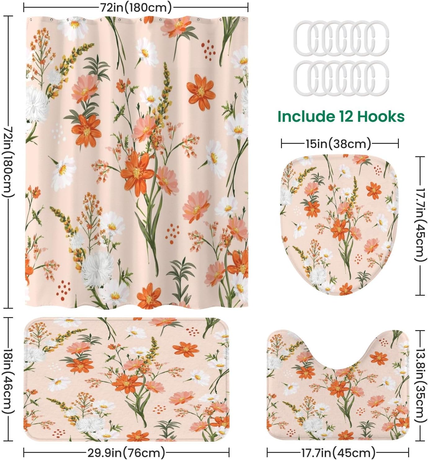 JCOOKLOFTS 4-Piece Shower Curtain Set with Rugs and Mats