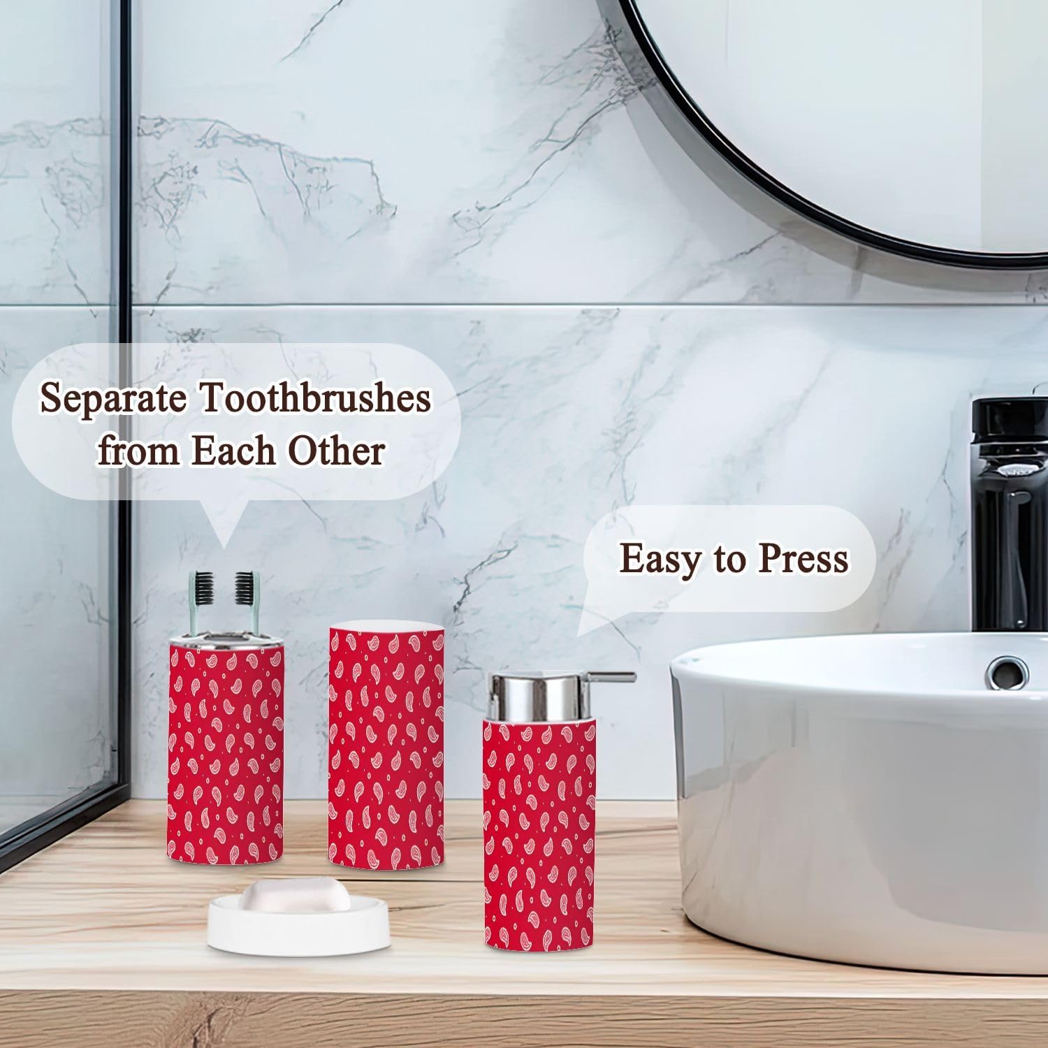 Bathroom Accessories Set 6 Pcs Red Bandana Pattern 1
