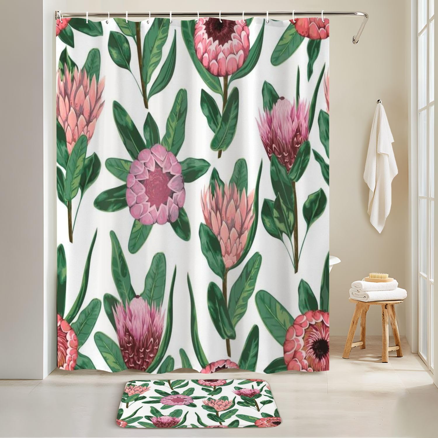 4 Piece Shower Curtain Set with Rugs and Decor