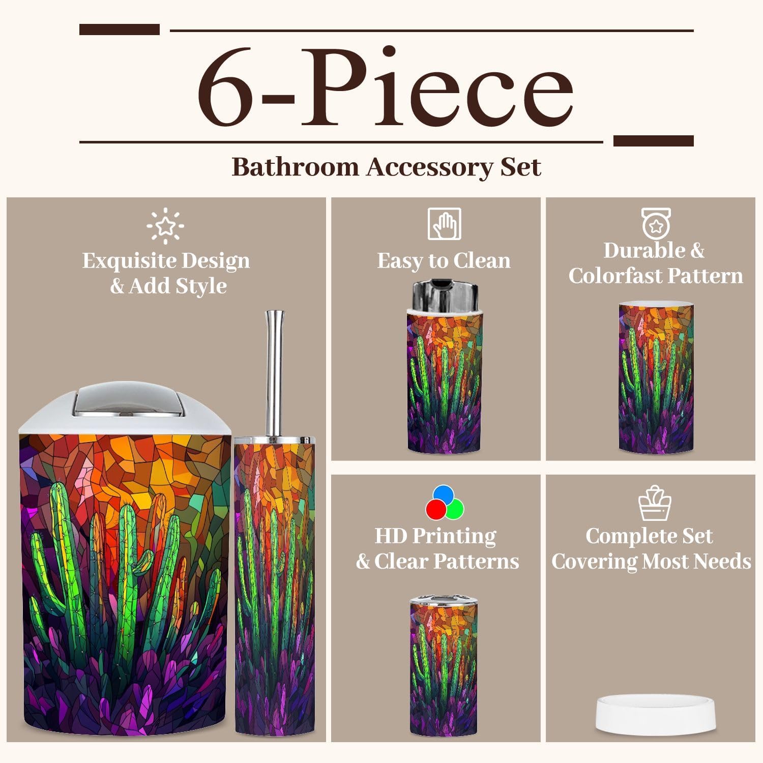 Modern Stained Glass Neon Cacti Bathroom Accessories Set