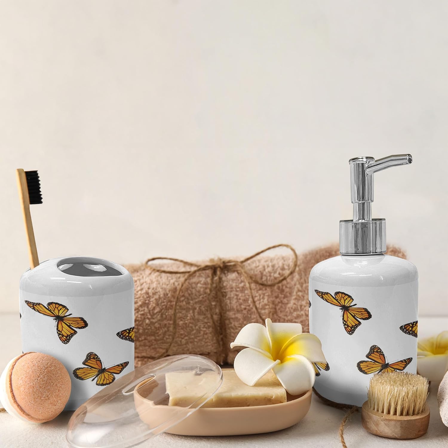 Ambesonne Butterfly Soap Dispenser Toothbrush Holder Set Earth Yellow Orange