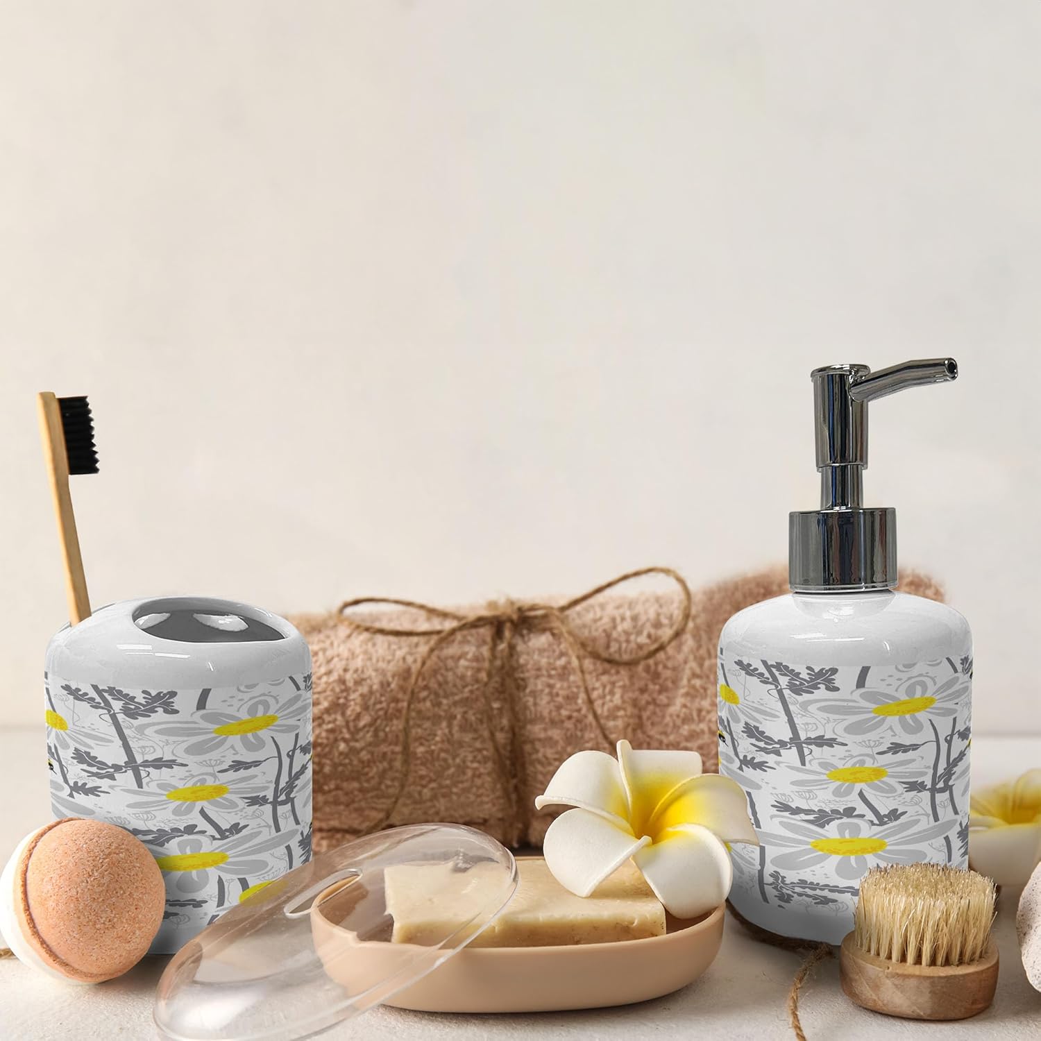 Ambesonne Grey Soap Dispenser Toothbrush Holder Set 2 Pcs