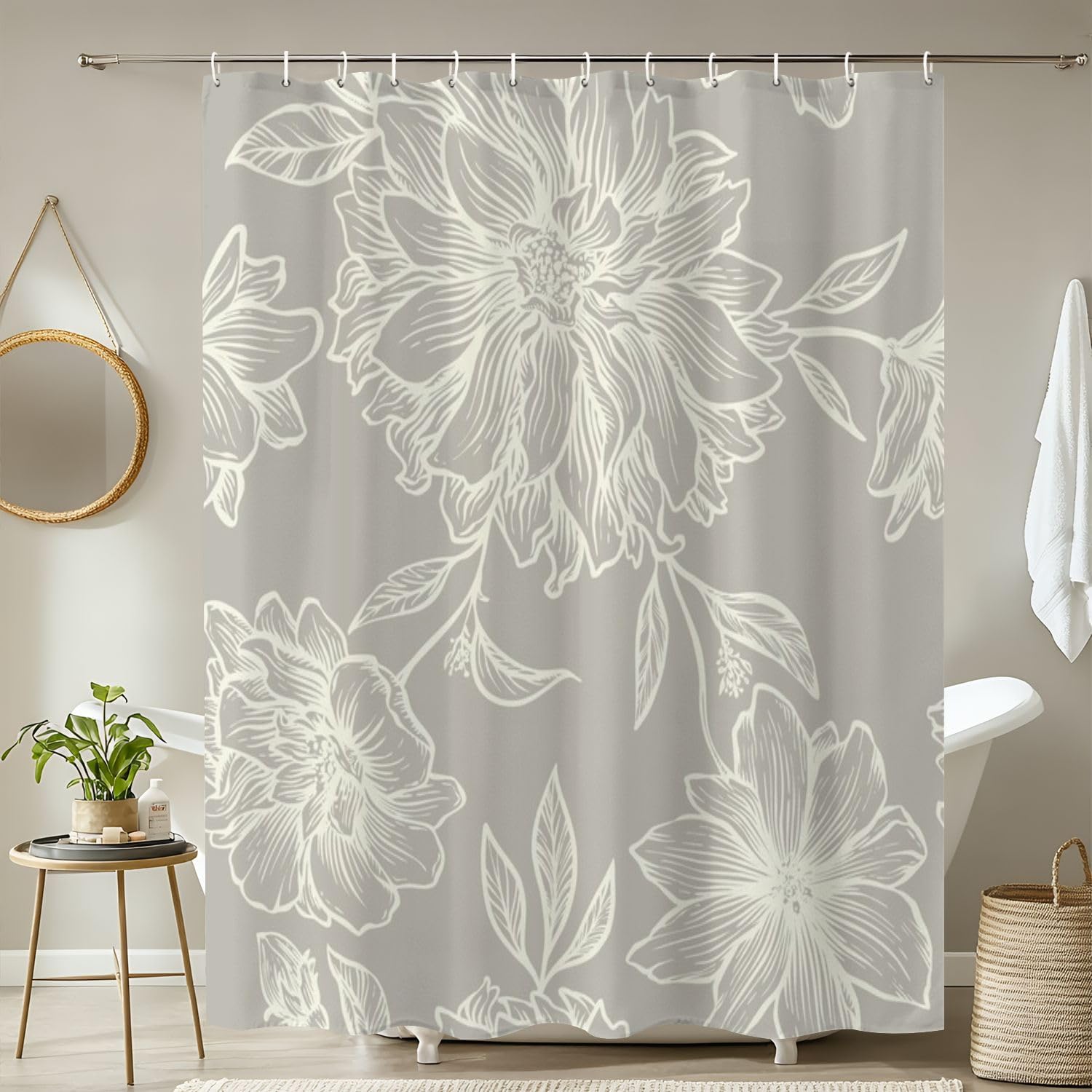 4 Piece Shower Curtain Set with Retro Floral Pattern