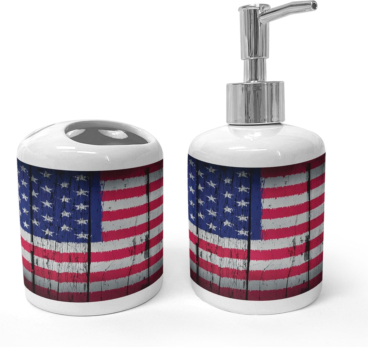 Ambesonne USA Ceramic Soap Dispenser Toothbrush Holder Set 1