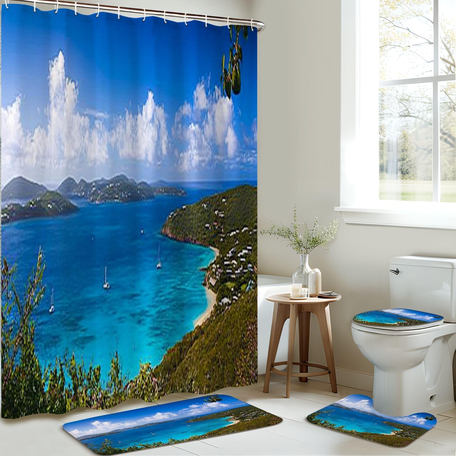 4 Piece Shower Curtain Set with Rugs and Non-Slip Mats 1