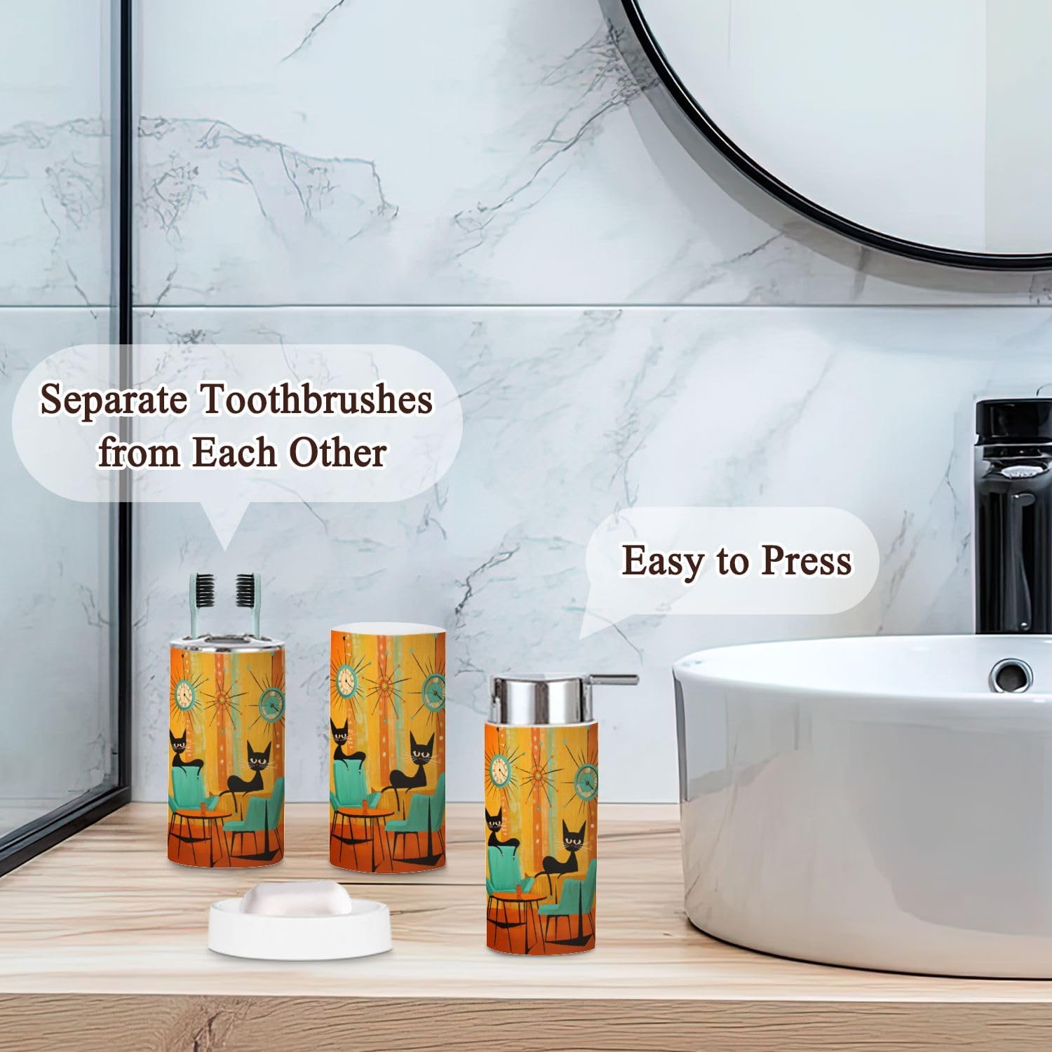 Retro Cats Bathroom Accessories Set 6 Piece 1