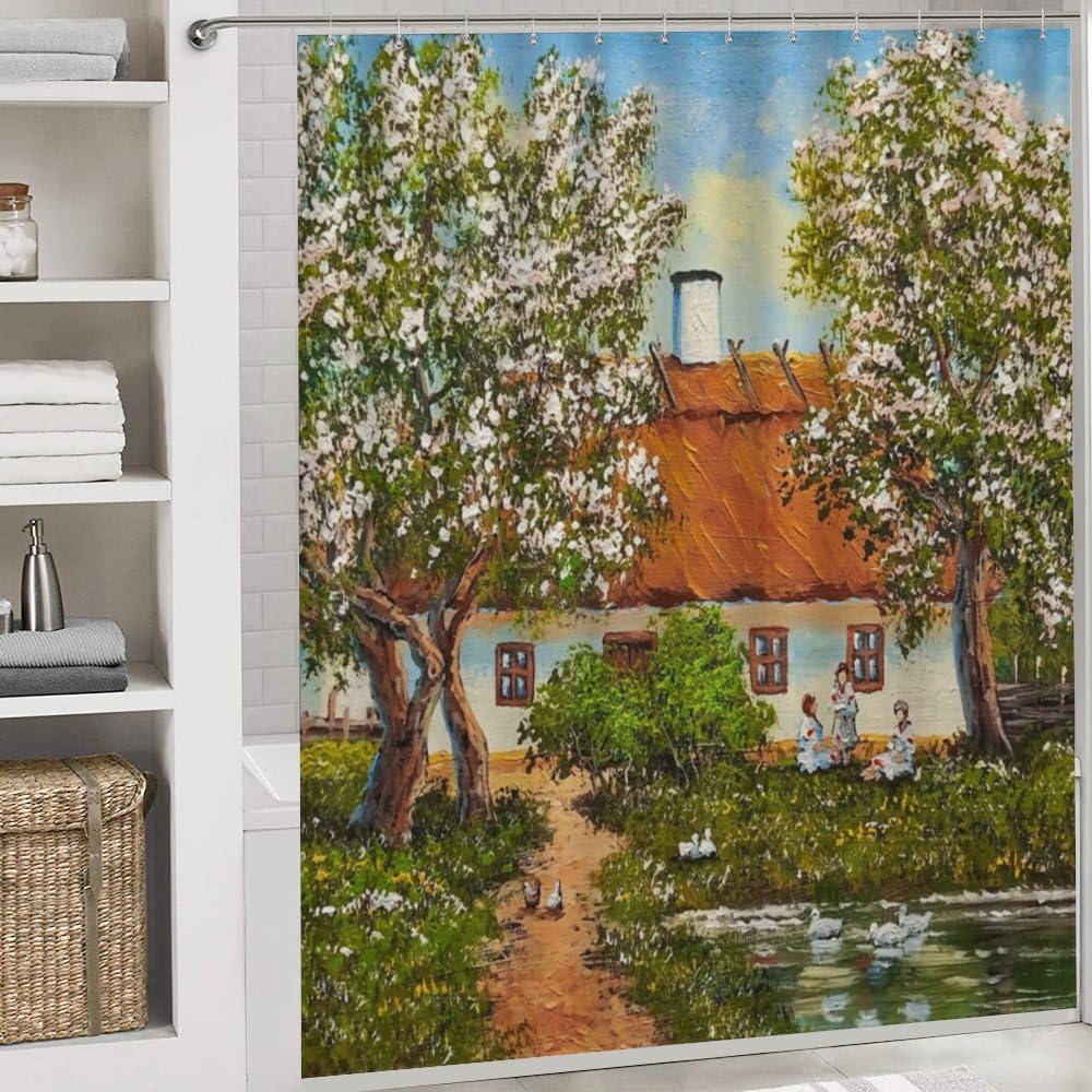 Kuizee 4-Piece Rural Landscape Shower Curtain Set