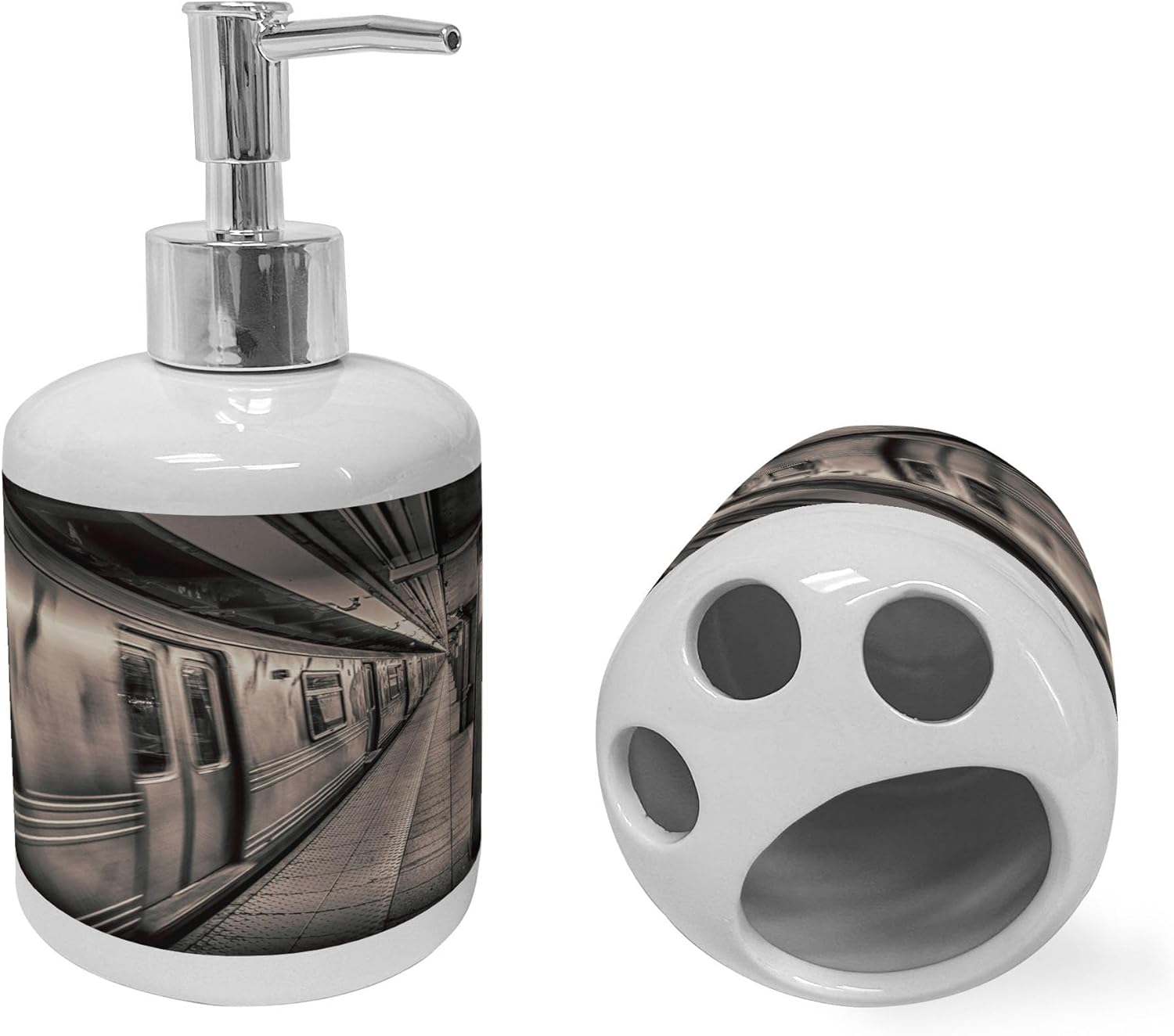 Ambesonne Subway Soap Toothbrush Holder Set Warm Taupe