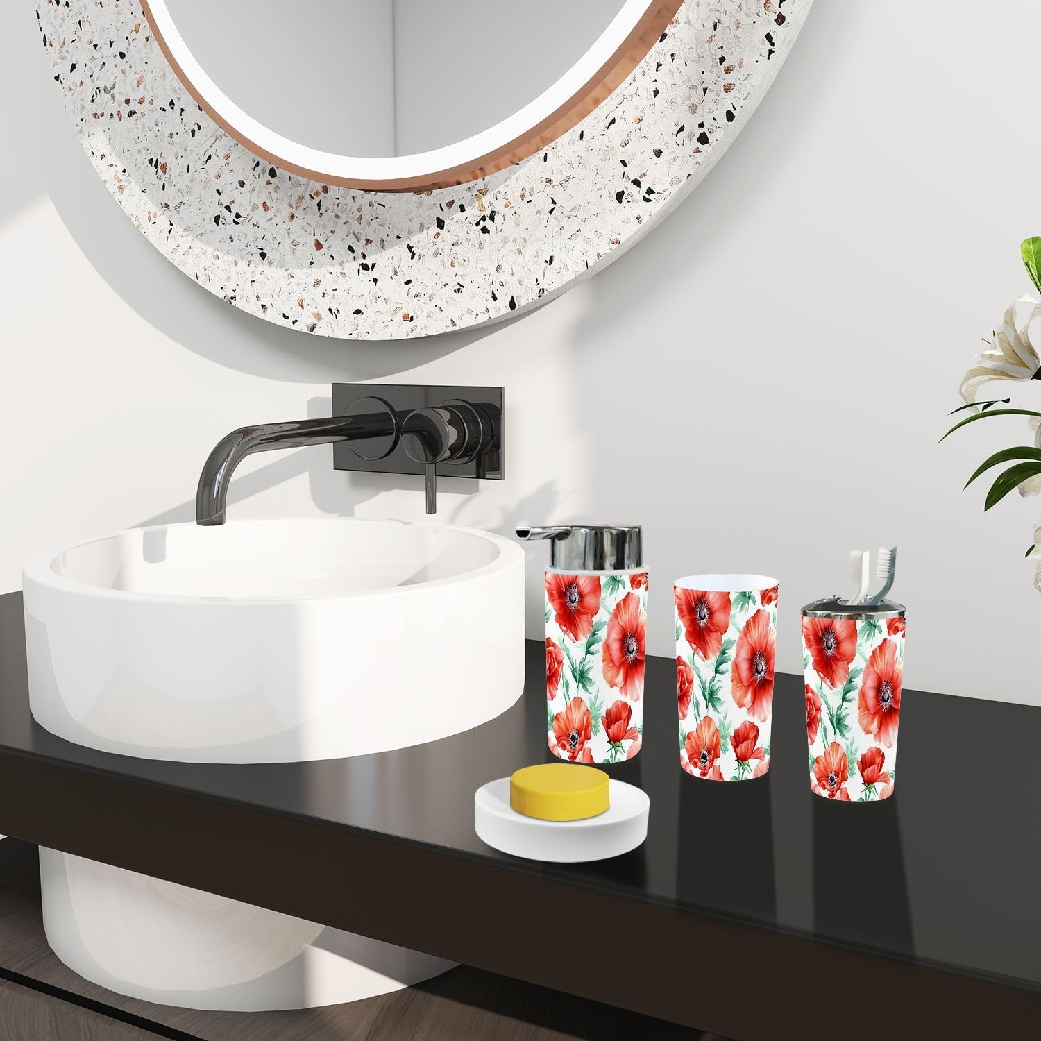 Boho Red Flowers Bathroom Accessory Set 6 Piece
