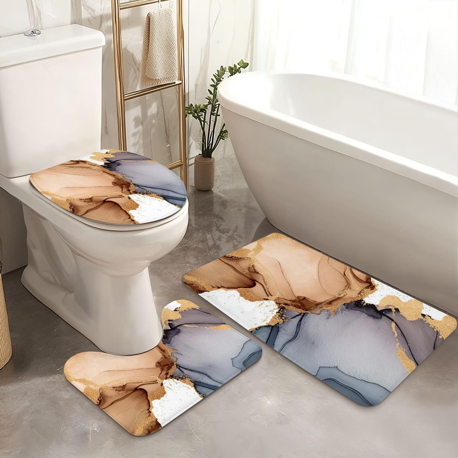 4 Piece Shower Curtain Set with Rugs Mats and Lid Cover 1