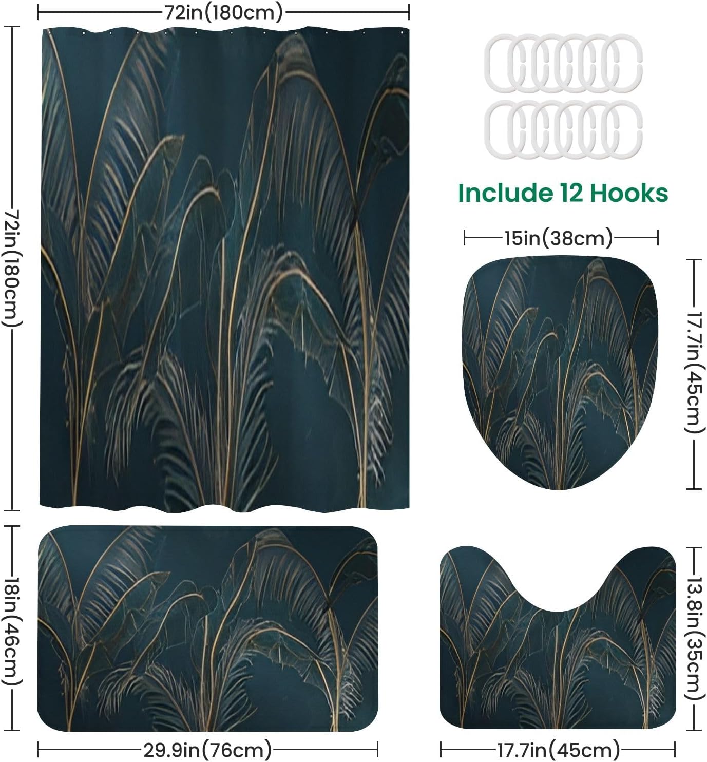JCOOKLOFTS 4-Piece Shower Curtain Set with Rugs Mats and Non-Slip Design