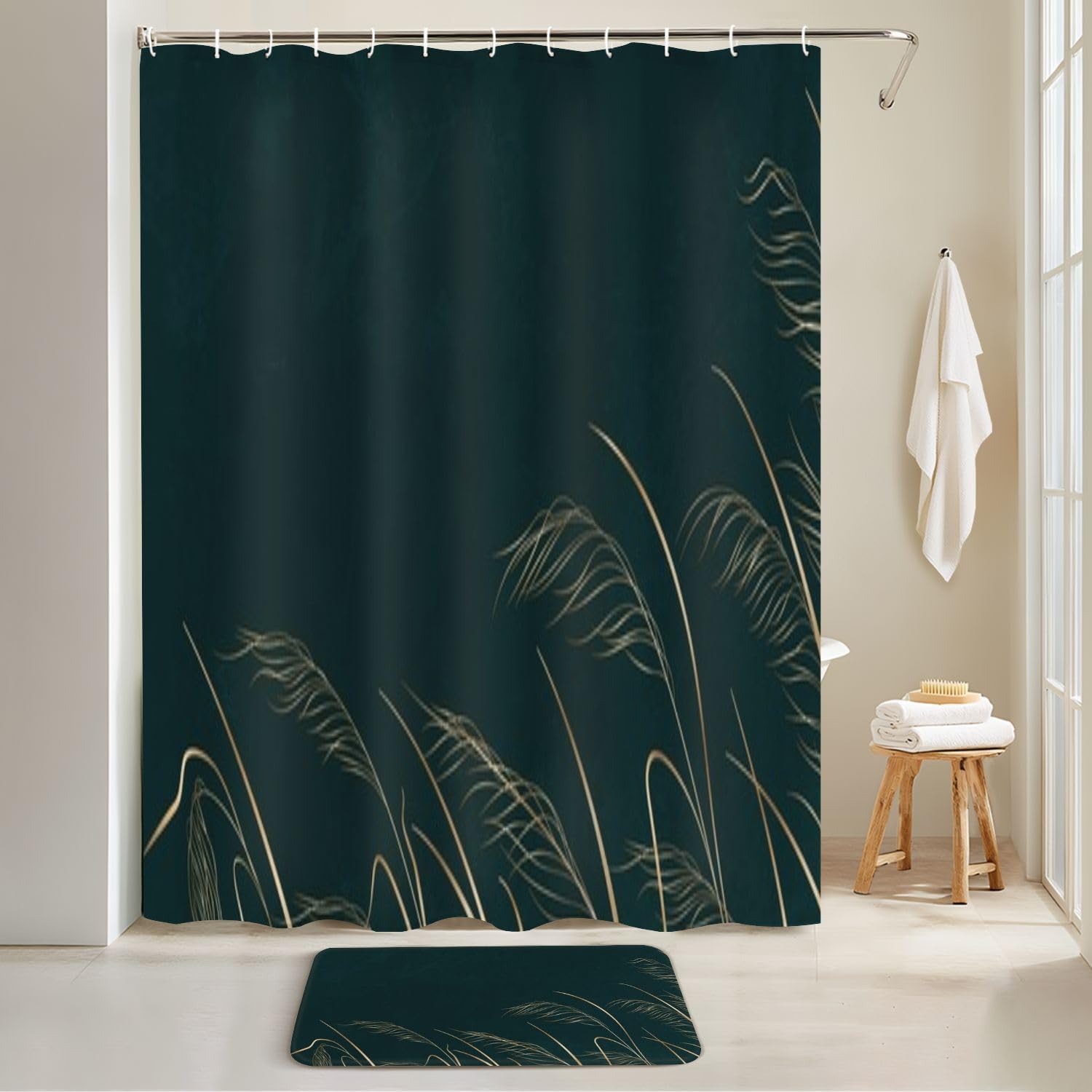 4-Piece Shower Curtain Set with Rugs and Floral Design