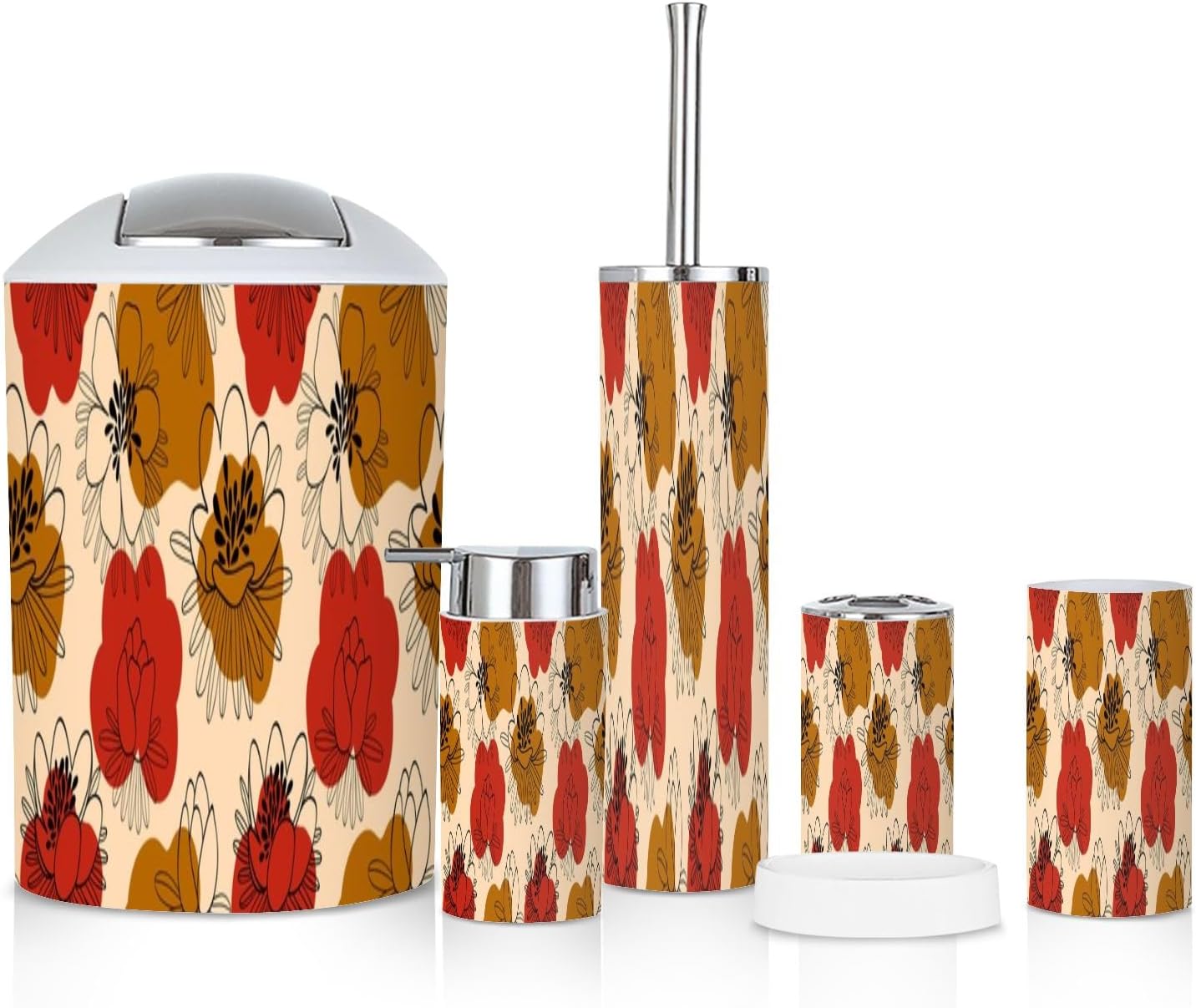 6 Piece Boho Bathroom Accessories Set with Flowers Design