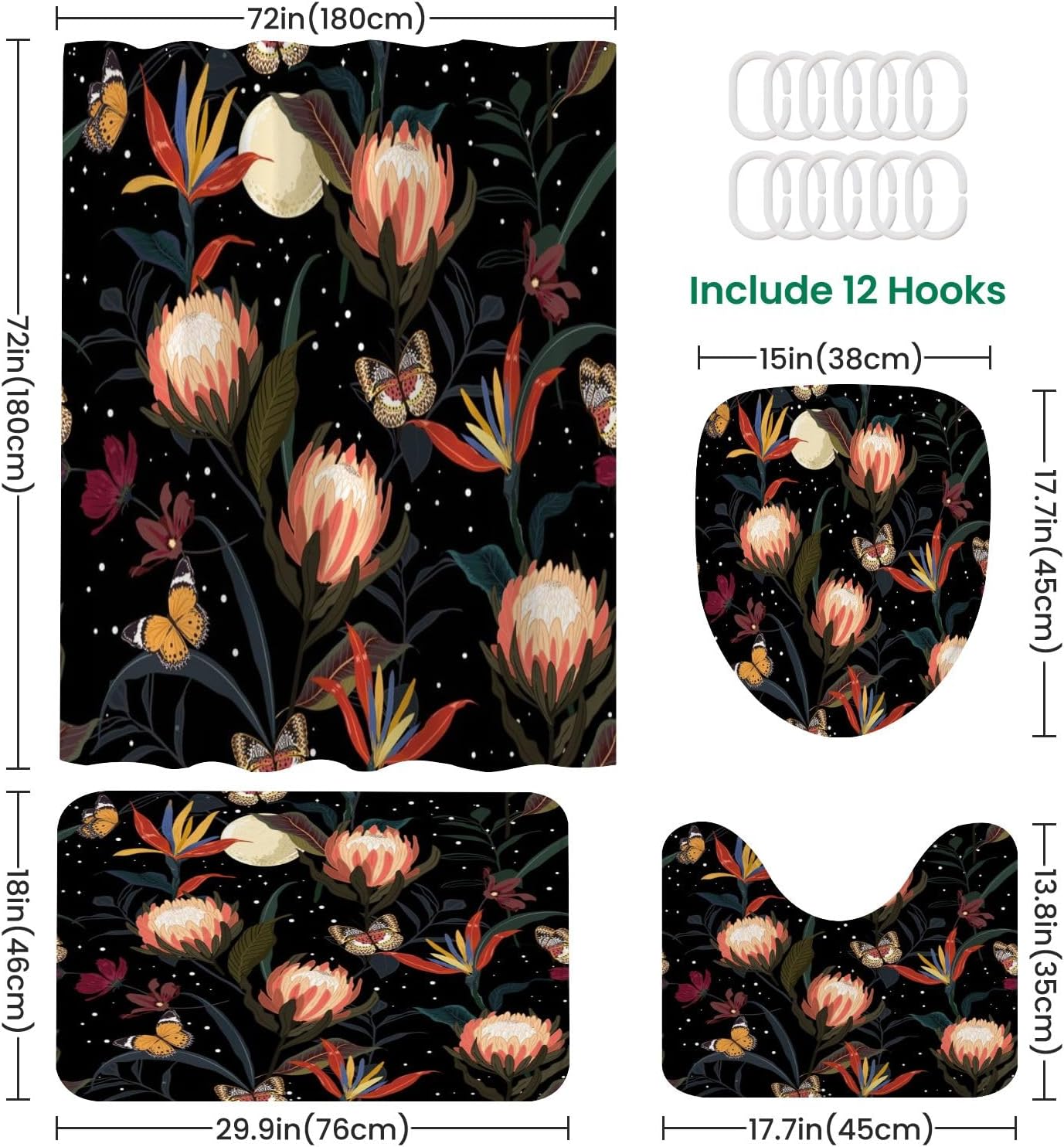 4 Piece Shower Curtain Set with Rugs and Night Stars Pattern