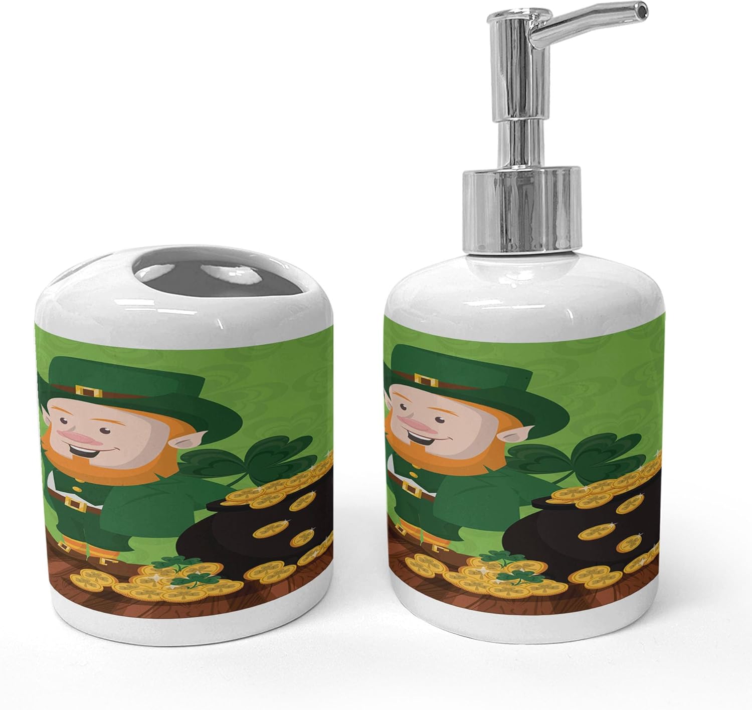 Ambesonne Leprechaun Soap Toothbrush Holder Set 2 Pcs Lime Green Ceramic