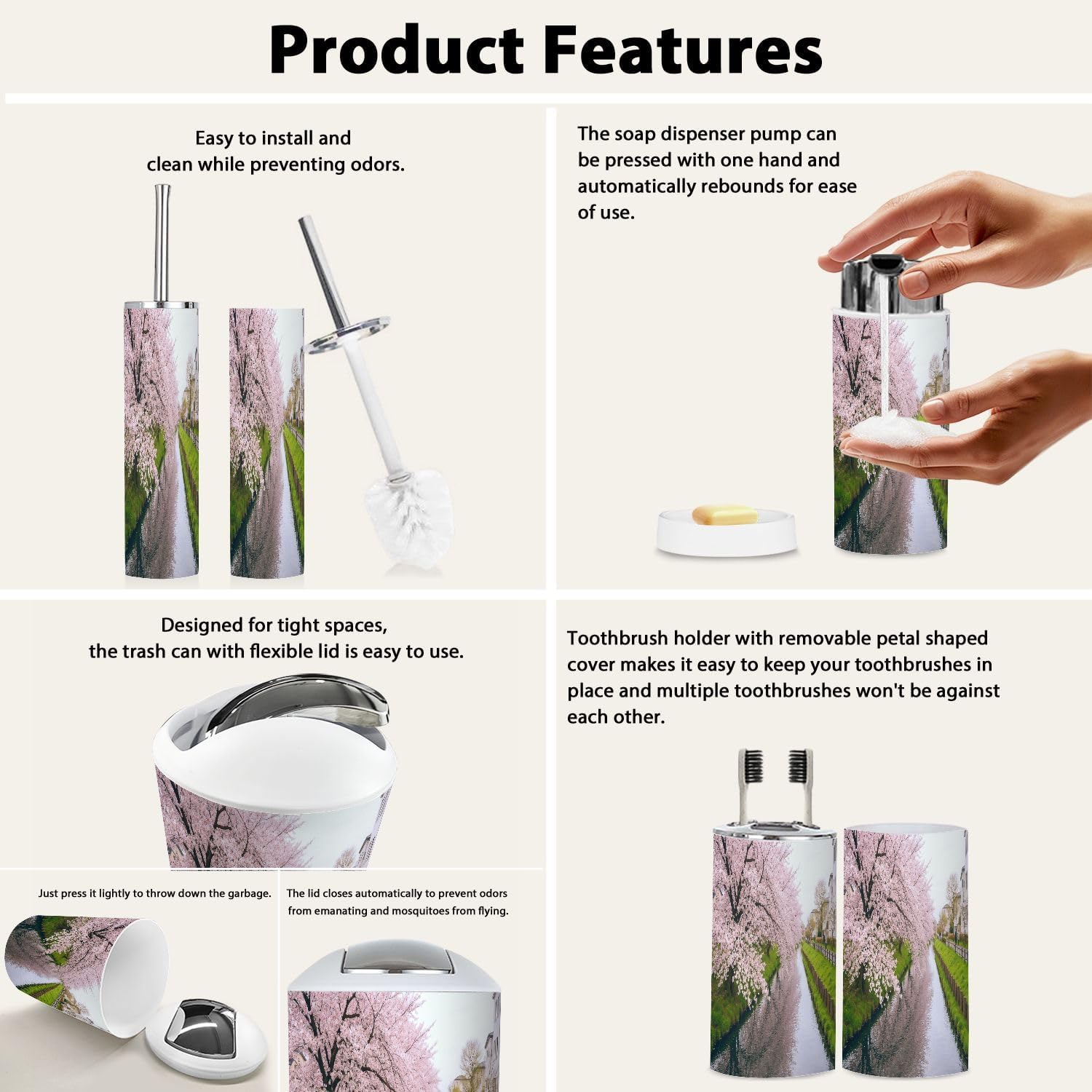 Boho Cherry Blossom Bathroom Accessory Set 6 Piece