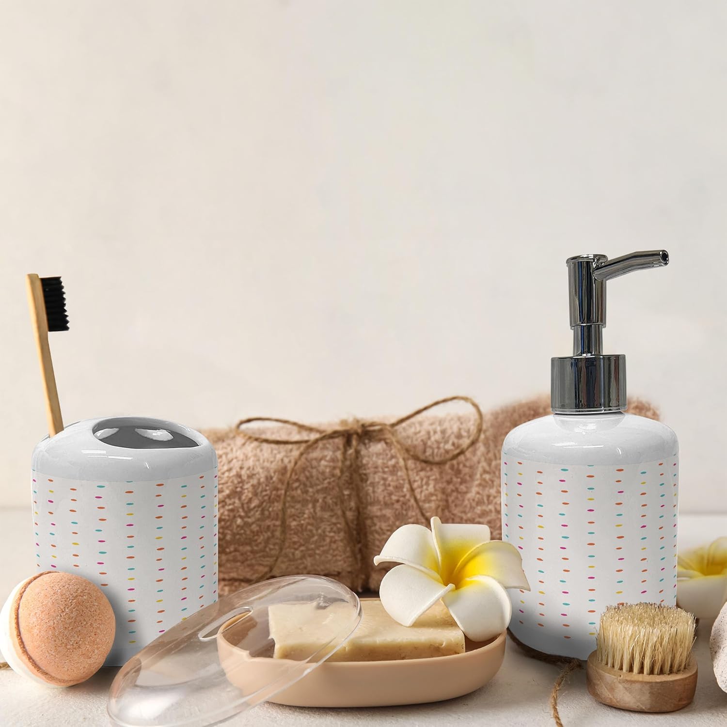 Ambesonne Polka Dot Soap Dispenser Toothbrush Holder Set 2 Pcs