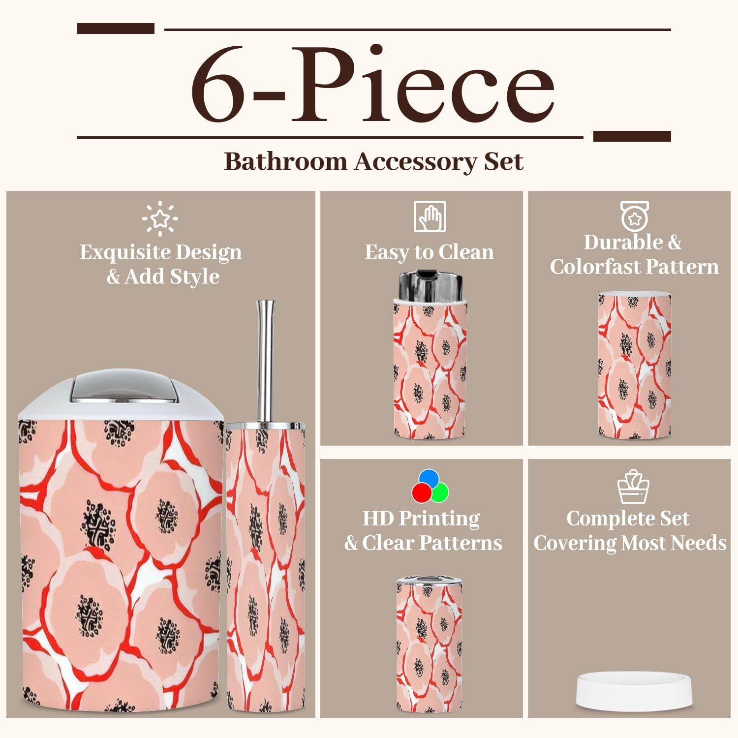 6 Piece Bathroom Accessories Set with Floral Design