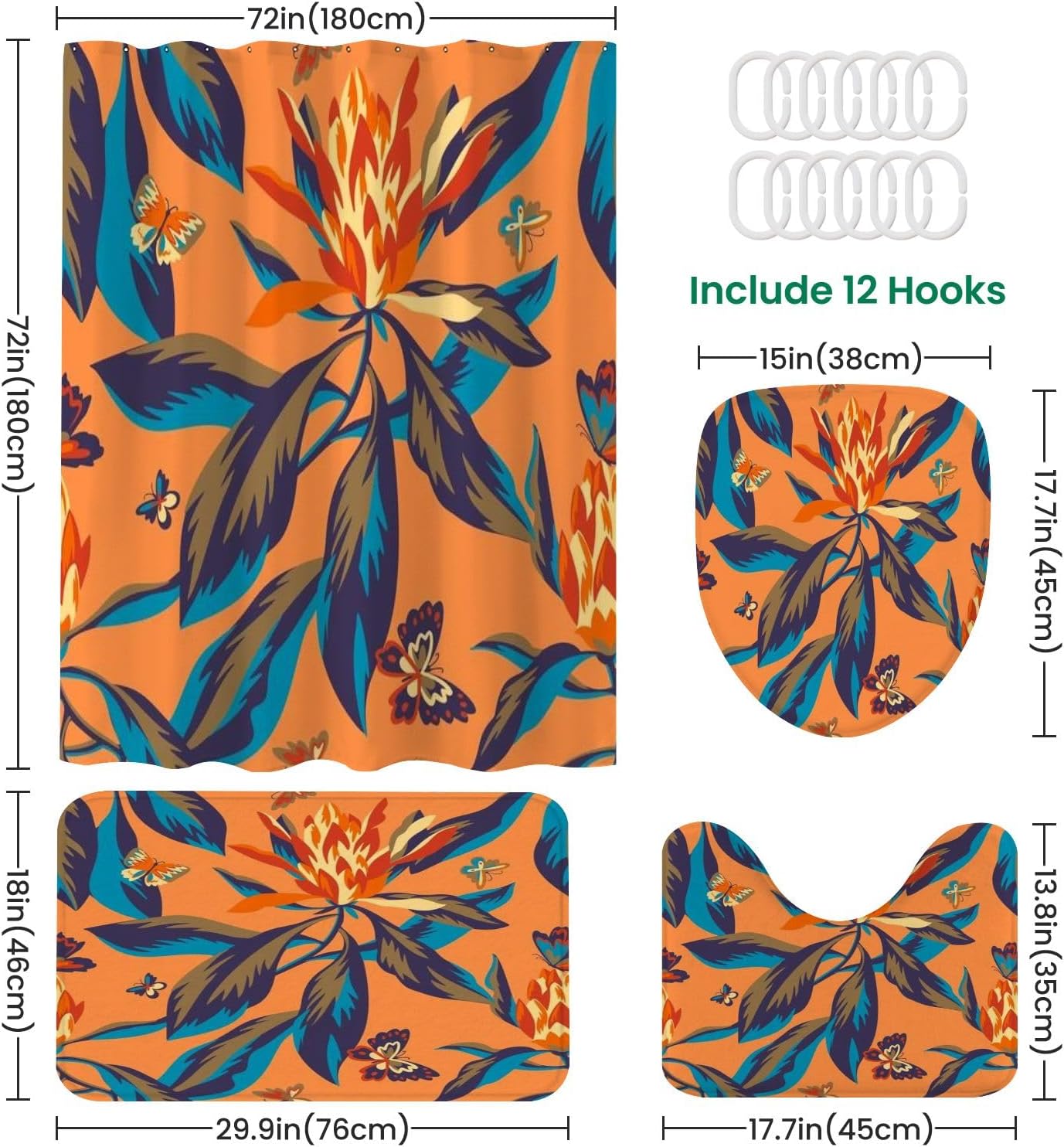 JCOOKLOFTS 4-Piece Shower Curtain Set with Rugs and Toilet Lid Cover