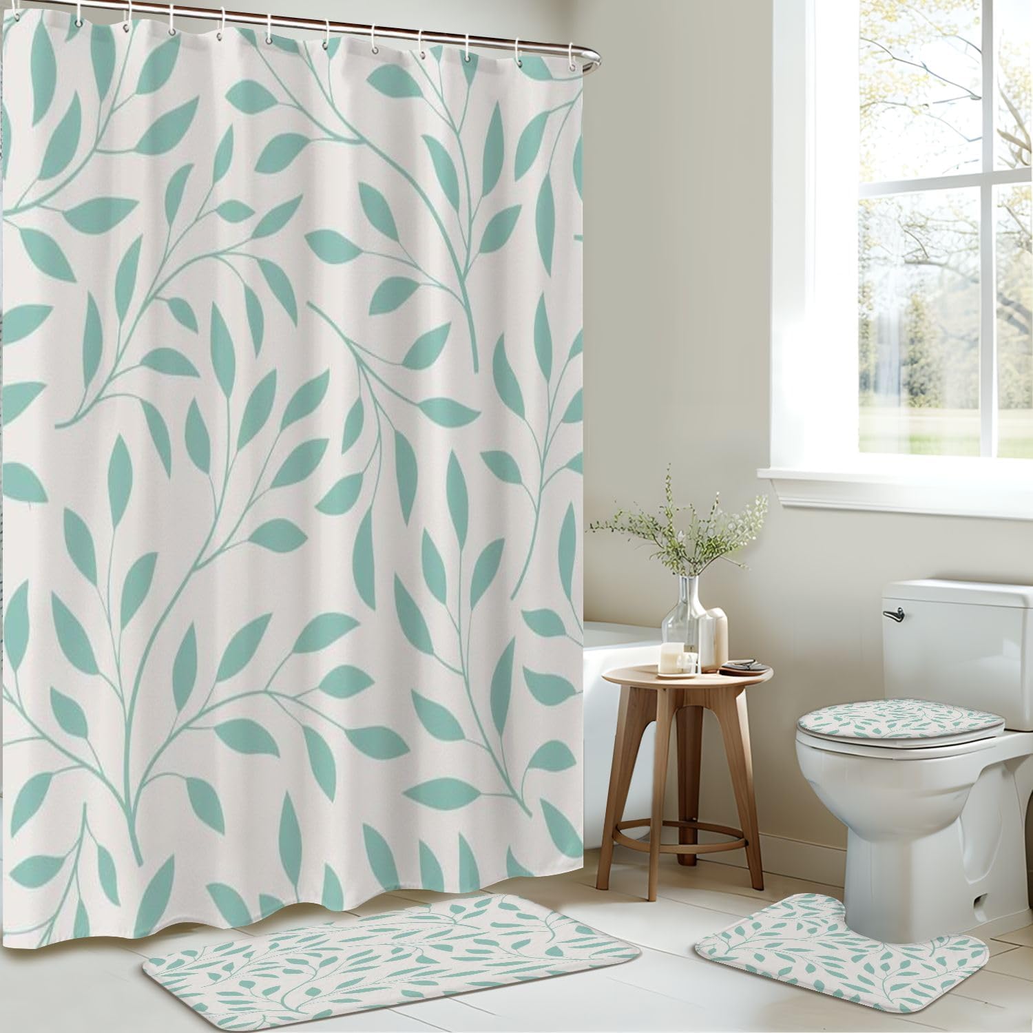 4 Pieces Shower Curtain Set with Rugs and Mats