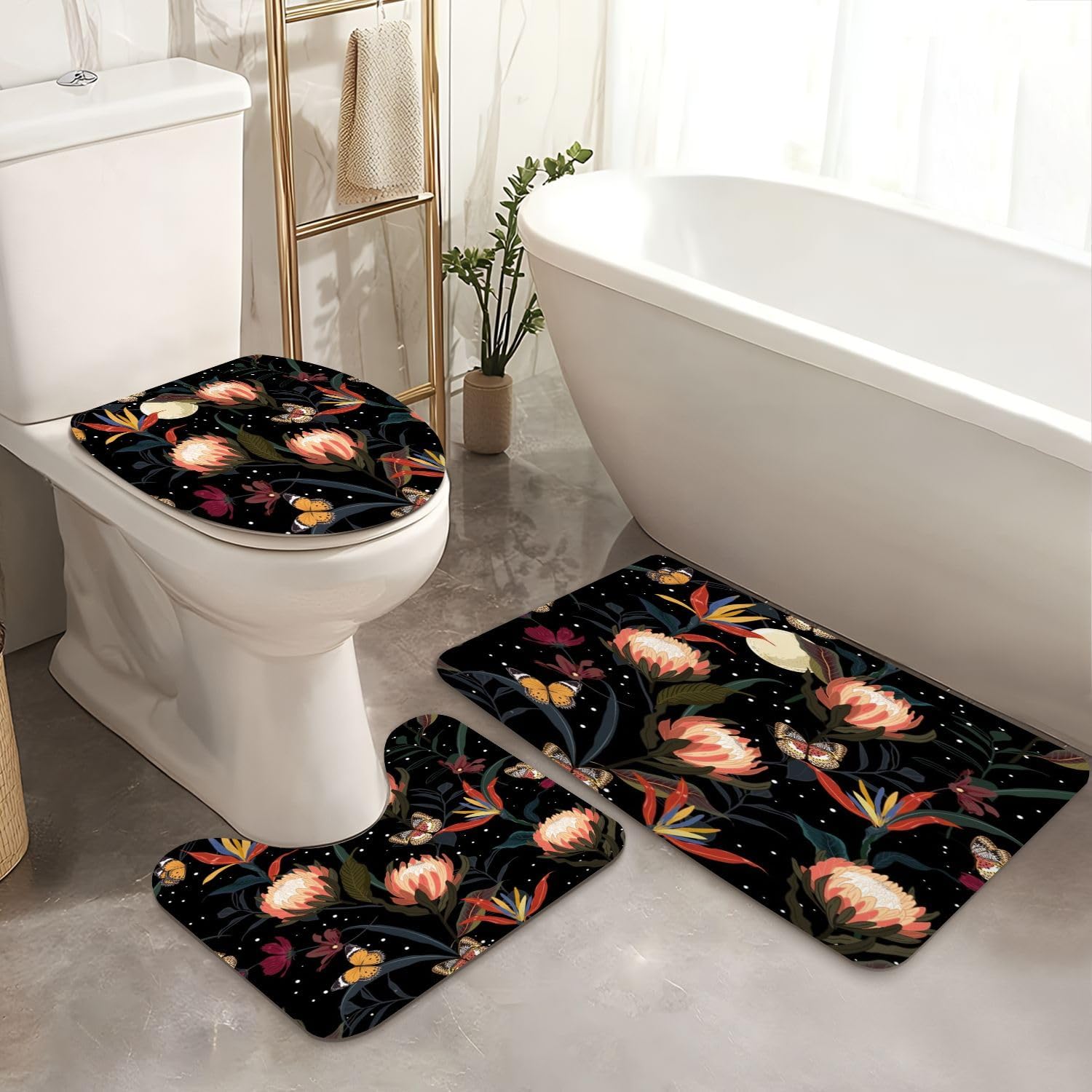 4 Piece Shower Curtain Set with Rugs and Night Stars Pattern