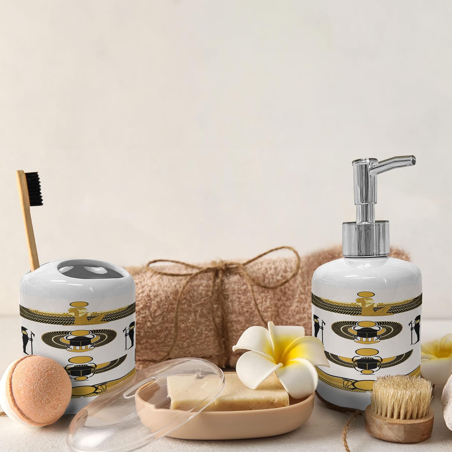 Ambesonne Egyptian Print Soap Toothbrush Holder Set 2 Pcs Yellow Black