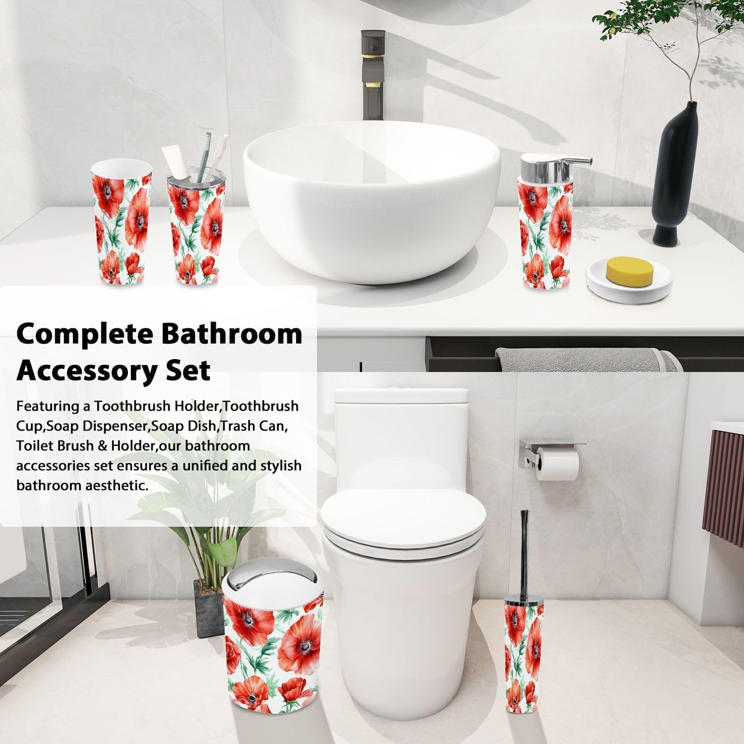 Boho Red Flowers Bathroom Accessory Set 6 Piece