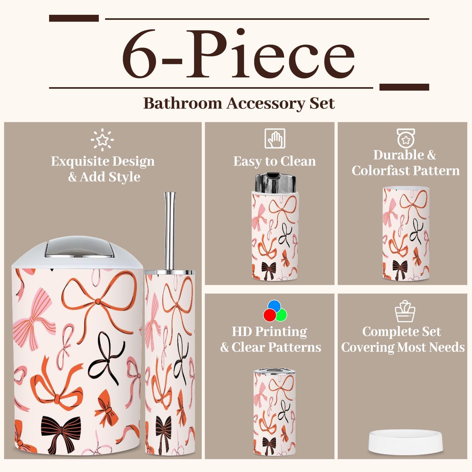 6 Piece Boho Bathroom Accessories Set with Red Bow Knots 1